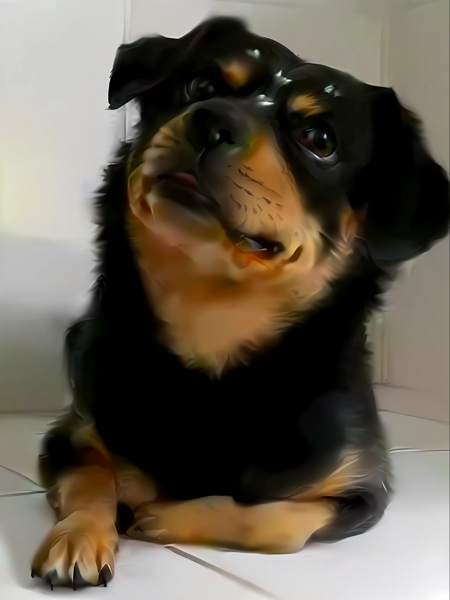 there is a dog that is laying down on the floor, rottweiler rabbit hybrid, rottweiler dinosaur hybrid, with cute doting eyes, beautiful huge eyes, maximus jacobs, cute furry needs your help, very very realistic, aww, cute dog, huge adorable eyes, large black eyes!!!, peruvian looking, very realistic, cute round slanted eyes
