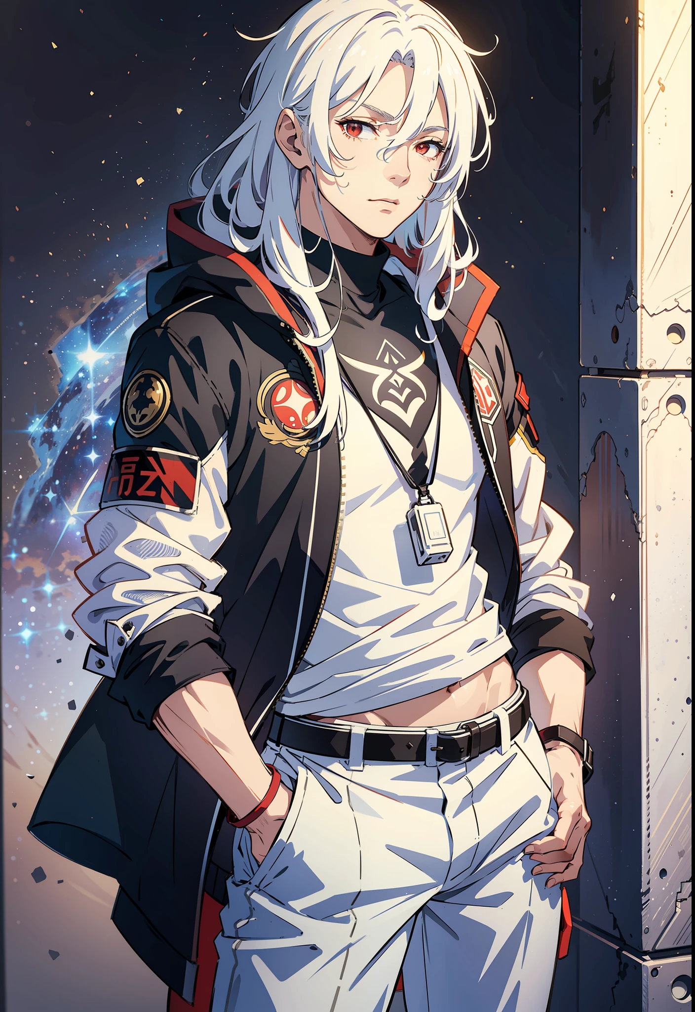 Fine, (Best Illustration), 8k Resolution, Intricate Details, Best Quality, Realistic, Ultra Detailed, Best Lighting, Best Shadows, Ultra HD, masterpiece, best quality, white hair, muscular male, tsurime, red eyes,hime cut, white background, cropped legs, white t-shirt, hands in pockets, capri pants, facing viewer, black jacket, messy long hair, universe, planet, solar wind, supernova, stars
