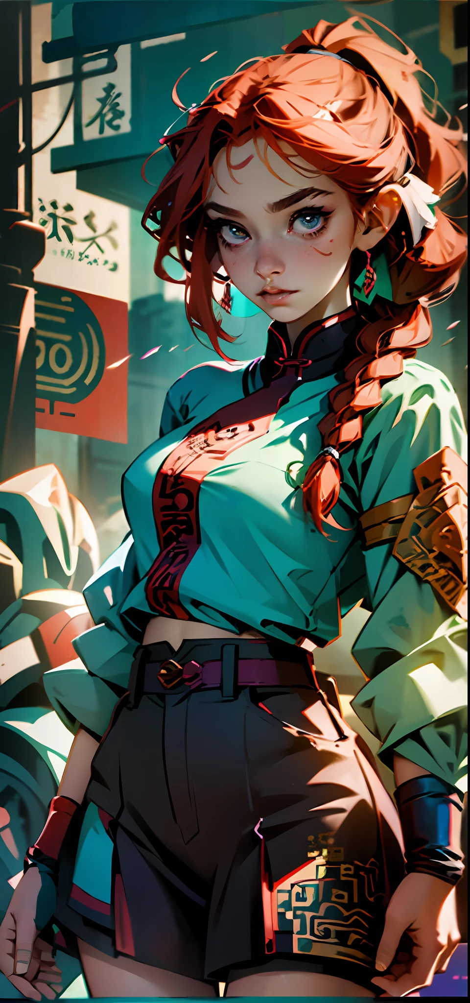 Girl, redhead, with a braid, anime style, with Chinese shirt, medium breasts --auto --s2