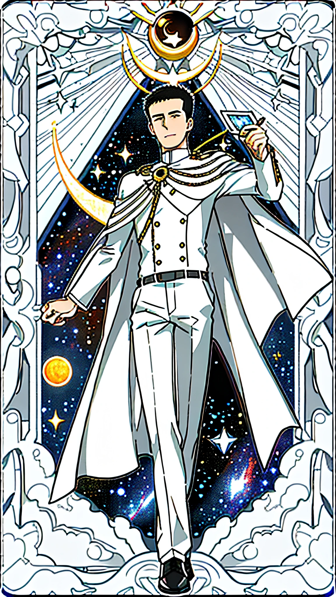 masterpiece, best quality, full body, card, 1 man, eclipse, space, galaxy, short hair, black hair, brush cut, white shirt, standing, white and white, sun, moon, black, white, buzz cut, bara, muscle, god, divine, cape, halo, center, best pose, etherious, crystal,man, power