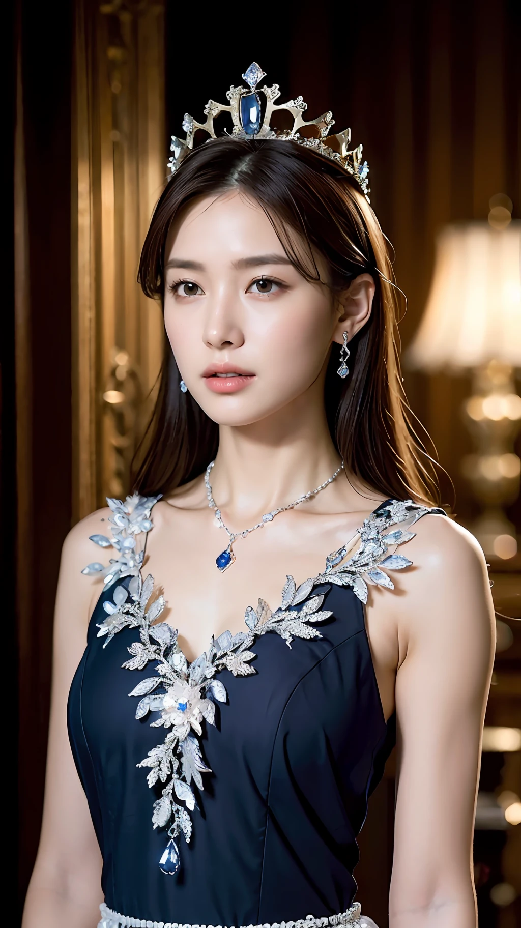 ((Best Quality, 8K, Masterpiece: 1.3)), Full Body, Focus Clear: 1.2, Outstanding Style: 1.4, Slender Figure: 1.2, ((Brunet, Large: 1.2)), Black Vest, Highly Detailed Facial and Skin Texture, Detailed Eyes, Double Eyelids, A Perfect Woman, Wearing a High Quality White Gauze Dress, Atmospheric Class, Crown on Head, Delicate Collarbone, Sapphire Necklace, in a gorgeous ancient castle, Intricate decoration, beautiful lighting,