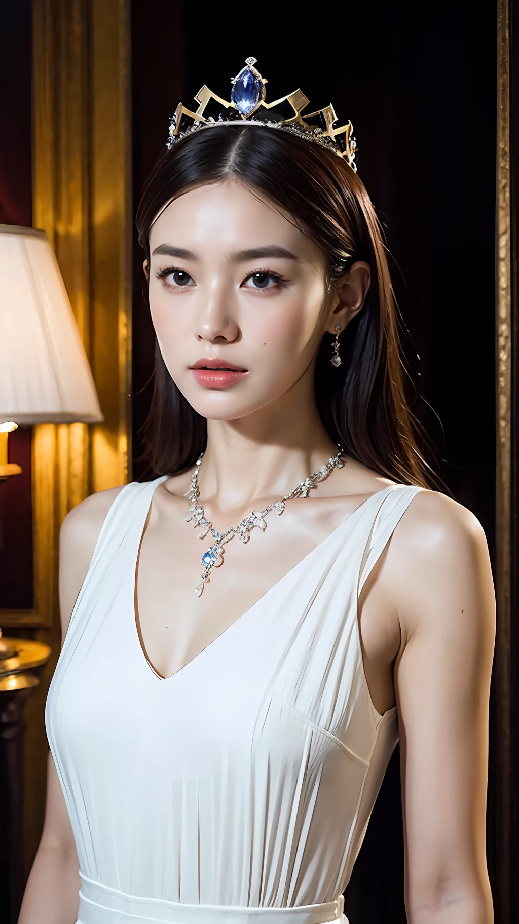 ((Best Quality, 8K, Masterpiece: 1.3)), Full Body, Focus Clear: 1.2, Outstanding Style: 1.4, Slender Figure: 1.2, ((Brunet, Large: 1.2)), Black Vest, Highly Detailed Facial and Skin Texture, Detailed Eyes, Double Eyelids, A Perfect Woman, Wearing a High Quality White Gauze Dress, Atmospheric Class, Crown on Head, Delicate Collarbone, Sapphire Necklace, in a gorgeous ancient castle, Intricate decoration, beautiful lighting,