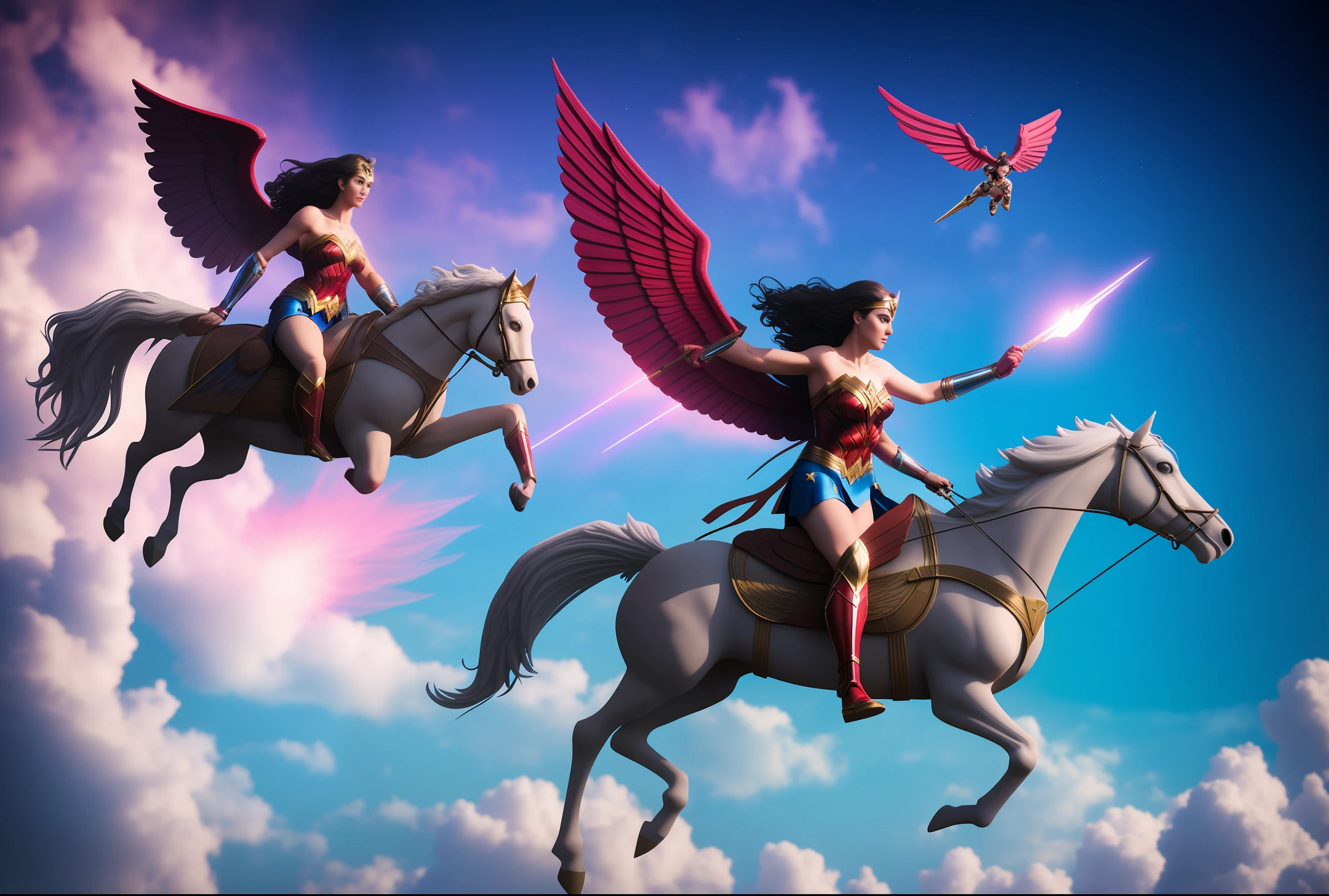 Wonder woman riding a winged horse flying over Hogwarts dramatic dynamic octane render vaporwave
