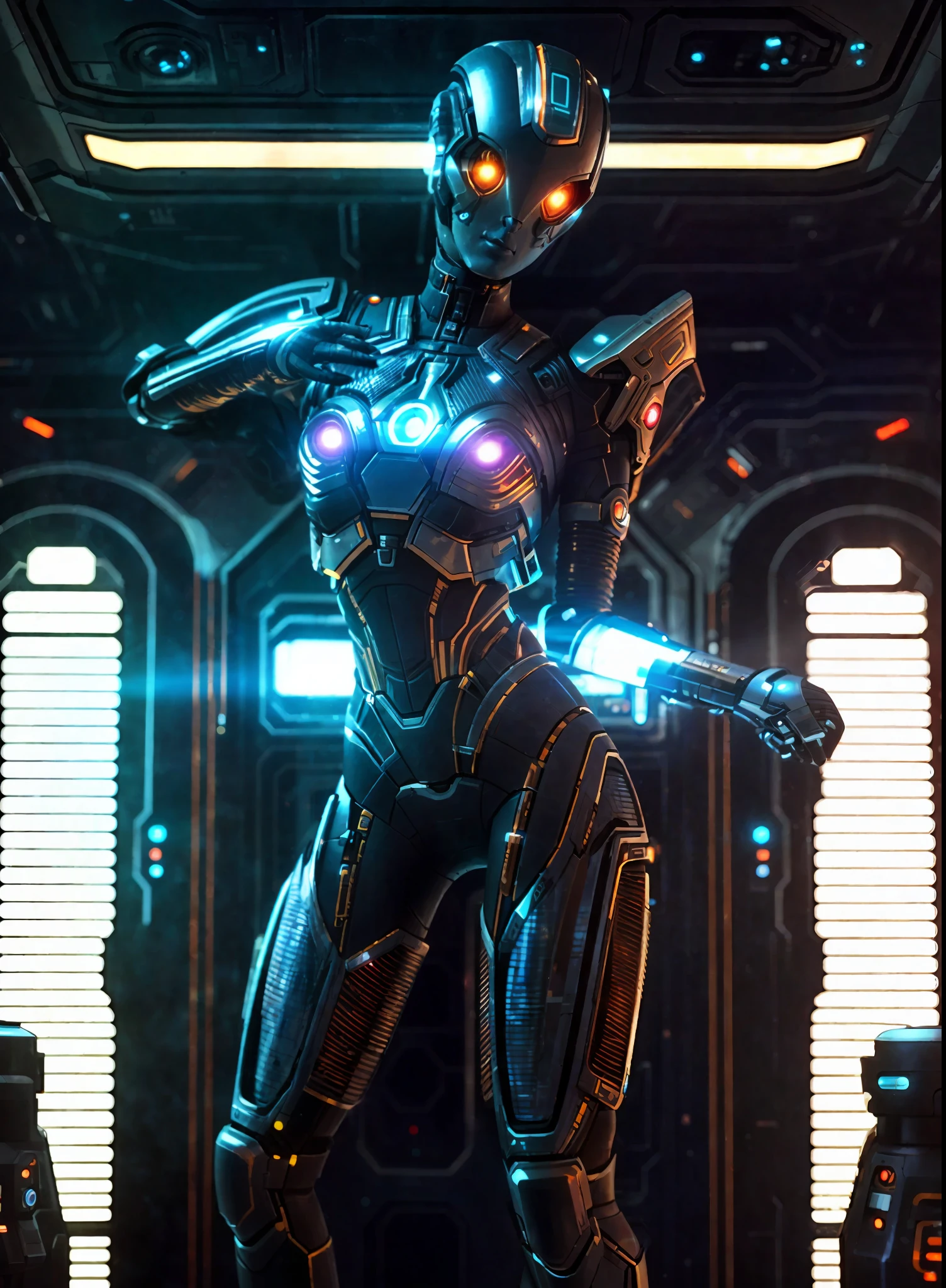 a woman in a futuristic suit holding a sci - fiorer, sci-fi android female, sci - fi character, scifi woman, cyber suit, sci fi female character, sci - fi suit, scifi character, sci-fi skin, scifi character render, sci-fi female, ultra detailed female android, female android, sci-fi magic highly detailed