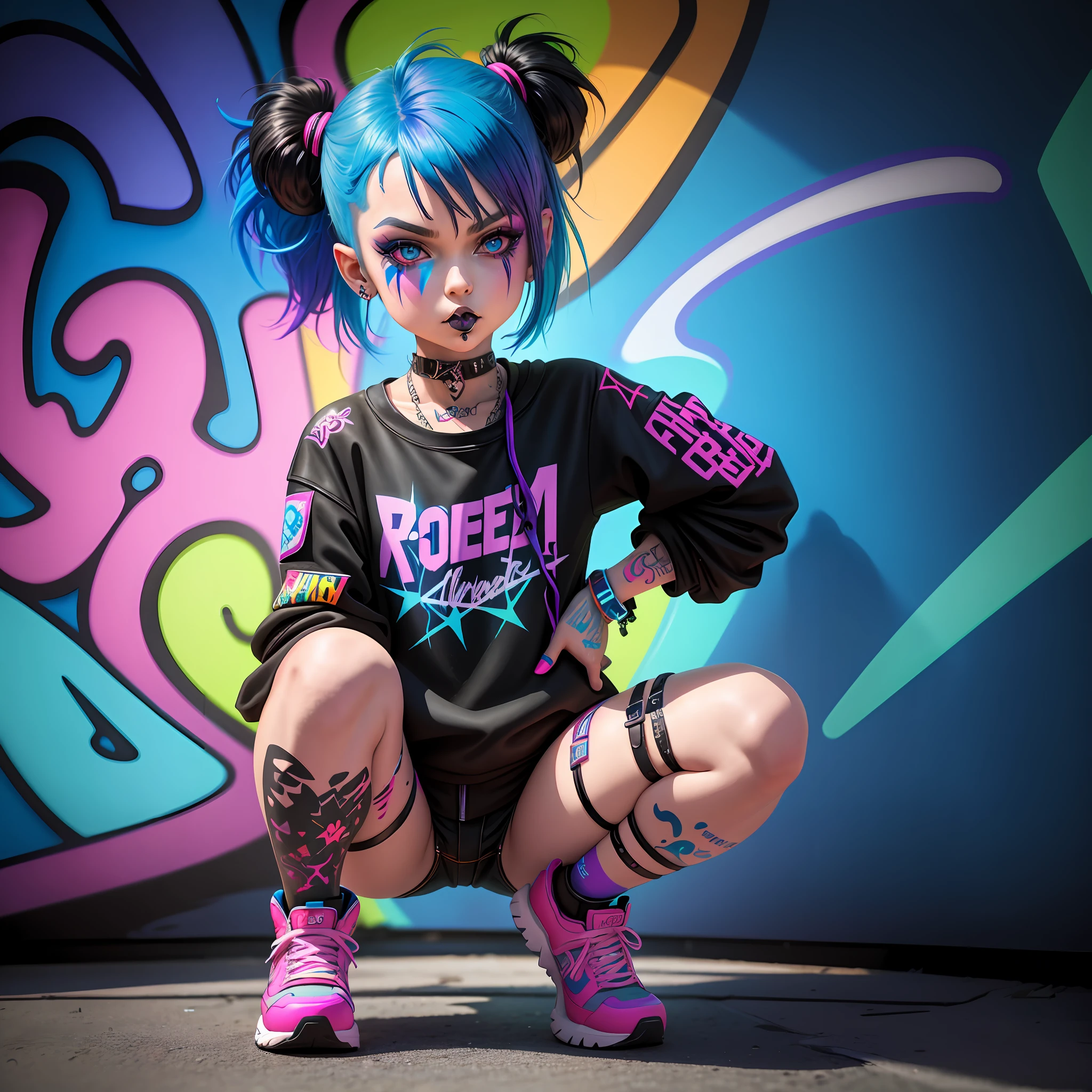 Refraction, a cute little bad girl goth, tattooed, blue hair, clay cartoon, extremly high resolution, realistic 3rd shapes and flows of color and materials, gene simmons style makeup; sharp 3d art illustration; fluorecent colors; graffiti colorful street murals, lot of neon lights on background
