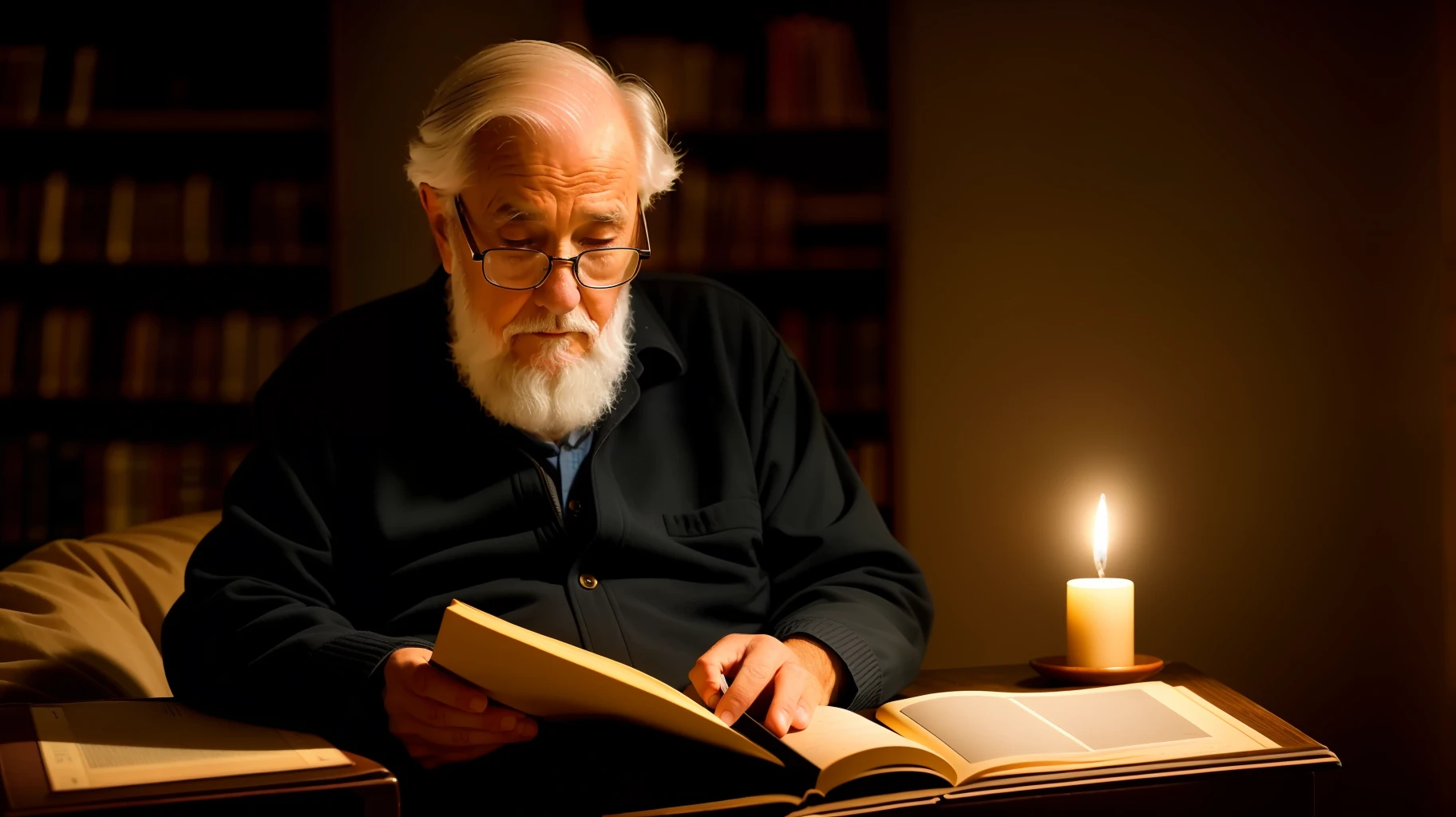 an old man reading an old book, twilight light, warm atmosphere, cultured atmosphere, (masterpiece) (perfect aspect ratio) (realistic photo) (best quality) (detailed) (8k) (HDR) (wallpaper) (cinematic lighting) (sharp focus) (intricate)(black background)