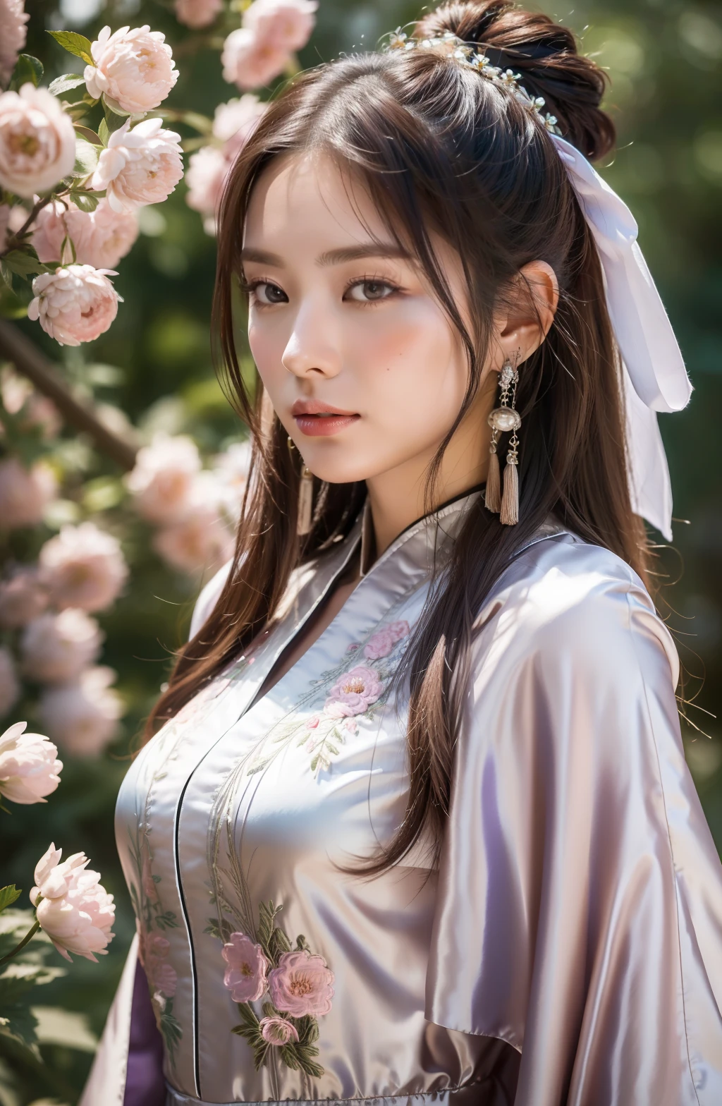 Best quality, masterpiece, large part of the body, (background: garden), 1 girl, mature woman, Chinese style, ancient China, sister, dancer, dark brown hair, dark hair, princess cut, twisted hair, ribbon, light pink lips, calm, intellect, purple eyes, tassel, silver thread, beads, peony flowers, robe, cape, silk skirt, embroidery, delicate face, close-up, light-colored clothing, pretty face, realistic, edge lighting, two-tone lighting, two-tone lighting (High detail skin: 1.2), 8k UHD, SLR, soft light, high quality, photo, high resolution, 4k, 8k, background blur