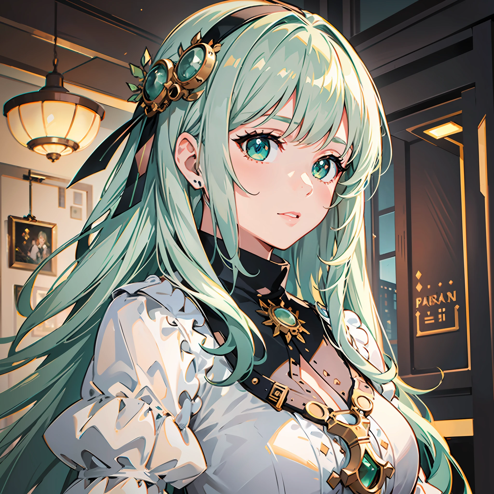 Well detailed illustration, better image, best anime, best quality, best coloring, best desinger, extremely detailed eyes, a beautiful girl of (incandescent shimmering eyes) of emerald green color, ((long white hair with bangs:1.3)) wearing steampunk style clothes, artistic cinematic lighting from Paramount and Wit studios, steampunk.lora backdrop: details:1.2, lora:eyedetailed:1.2,lora:add_details:1.2,  lora:more_details:1.2, lora:cinematic-lighting, lora:studio-light, lora:eyesdetails:1.3.