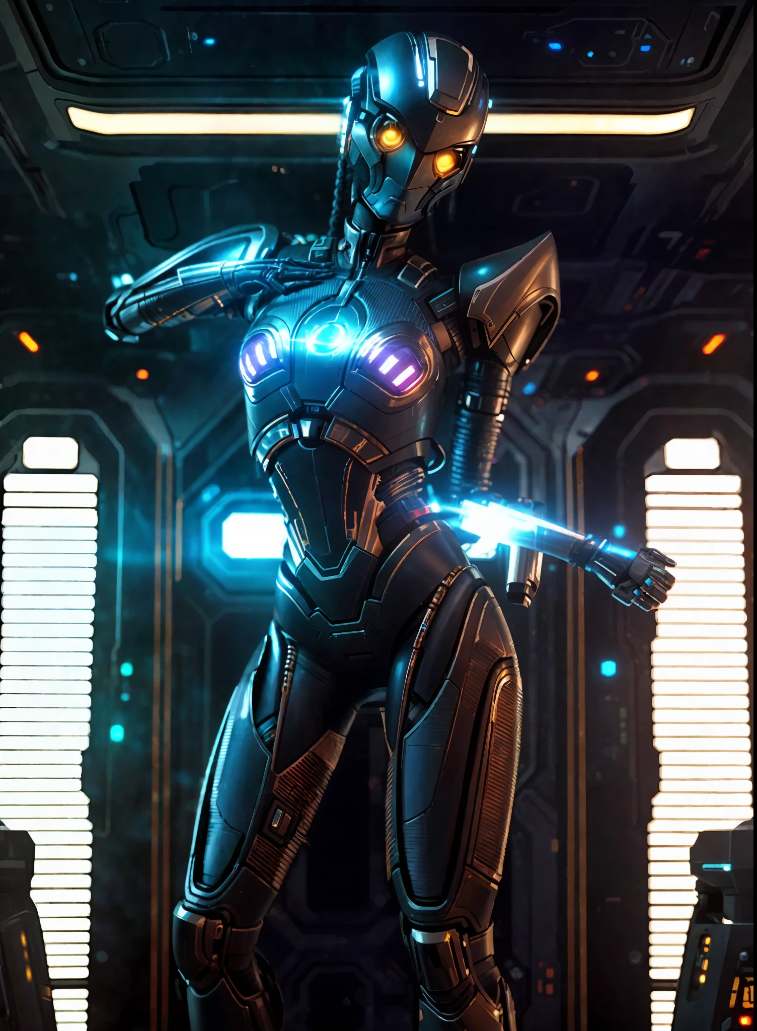 a woman in a futuristic suit holding a sci - fiorer, sci-fi android female, sci - fi character, scifi woman, cyber suit, sci fi female character, sci - fi suit, scifi character, sci-fi skin, scifi character render, sci-fi female, ultra detailed female android, female android, sci-fi magic highly detailed