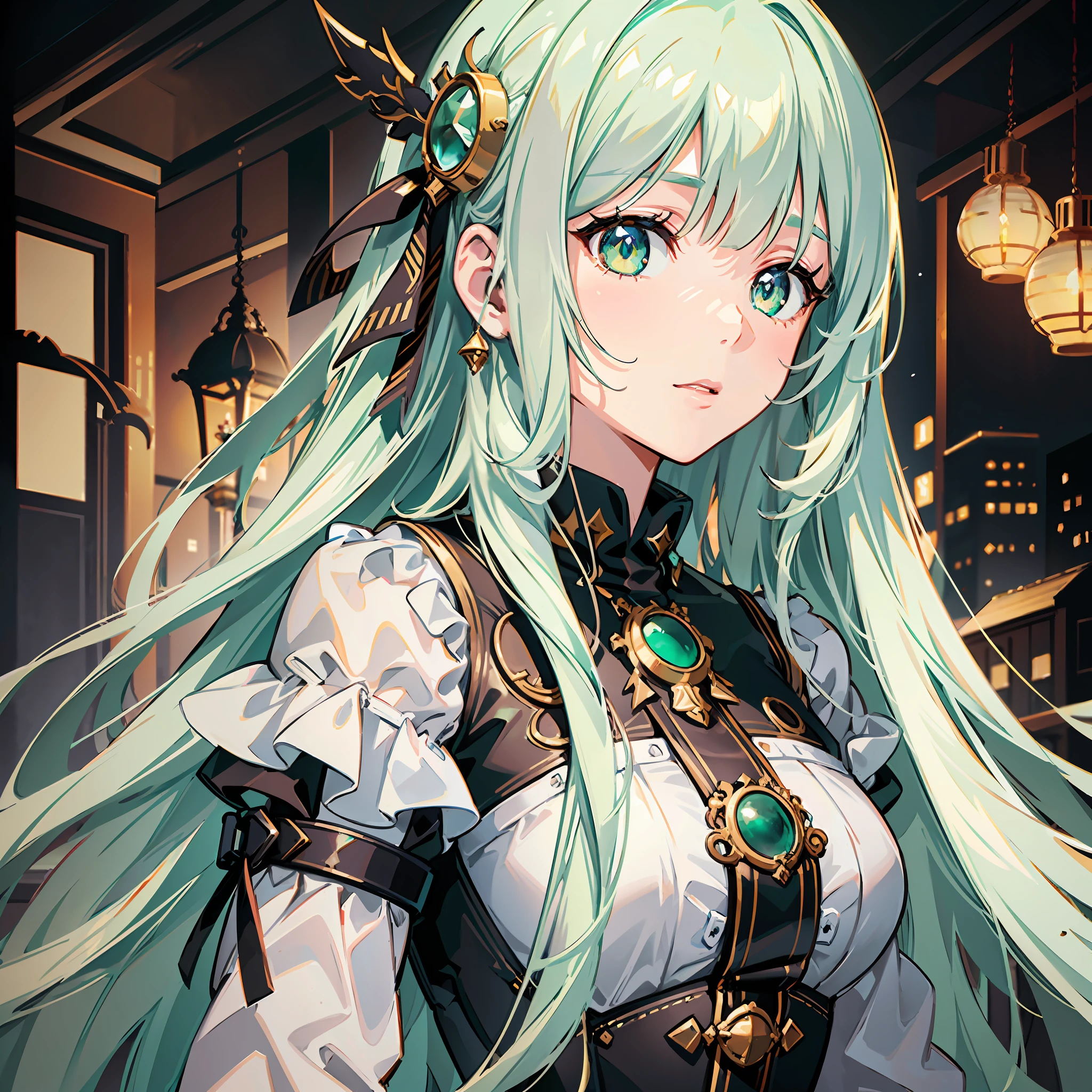 Well detailed illustration, better image, best anime, best quality, best coloring, best desinger, extremely detailed eyes, a beautiful girl of (incandescent shimmering eyes) of emerald green color, ((long white hair with bangs:1.3)) wearing steampunk style clothes, artistic cinematic lighting from Paramount and Wit studios, steampunk.lora backdrop: details:1.2, lora:eyedetailed:1.2,lora:add_details:1.2, lora:more_details:1.2, lora:cinematic-lighting, lora:studio-light, lora:eyesdetails:1.3.