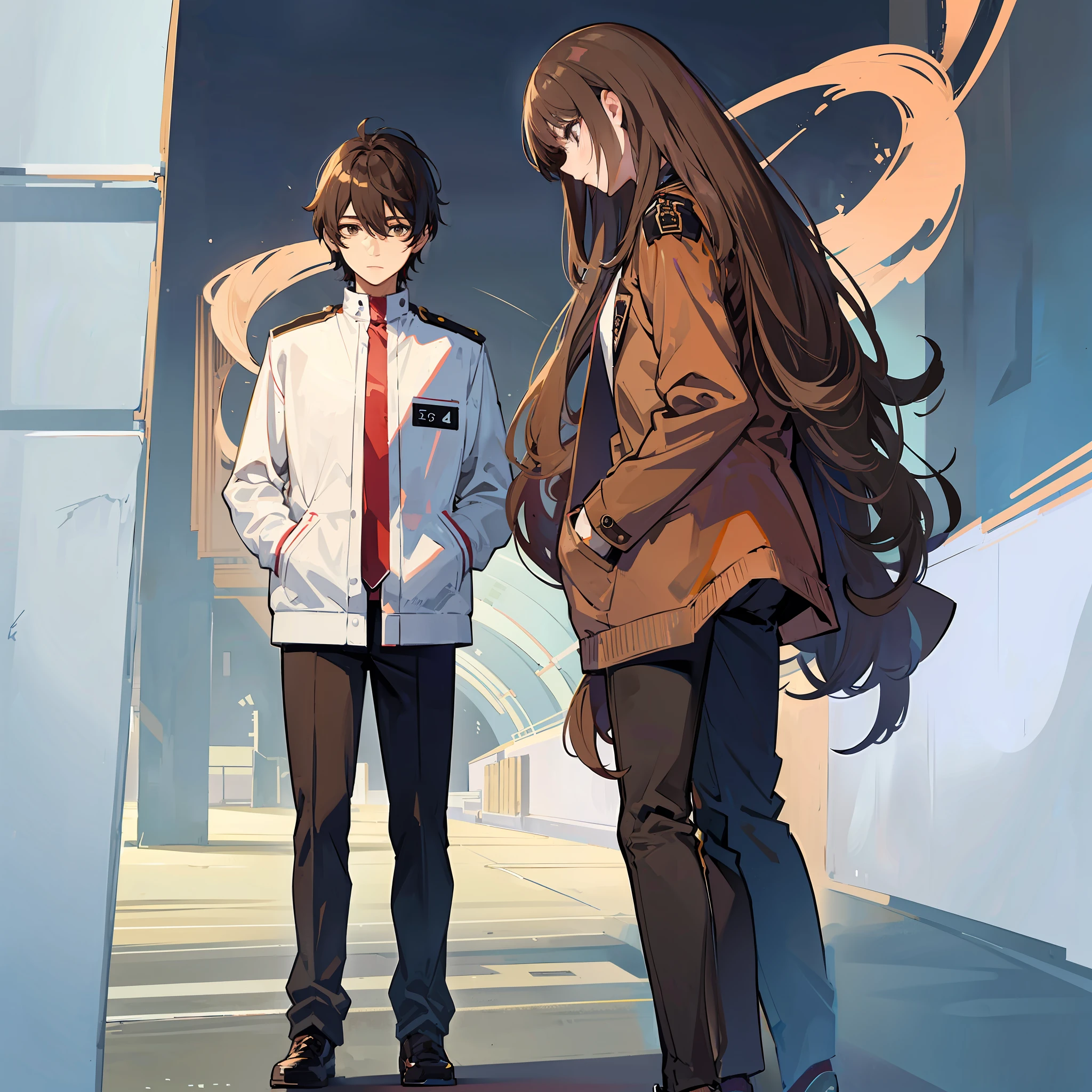 Anime girl, in school uniform and jacket, with her hands in her pockets, with long brown hair next to depressed boy in uniform, with short brown hair and bangs, full body, digital anime art, background in a school