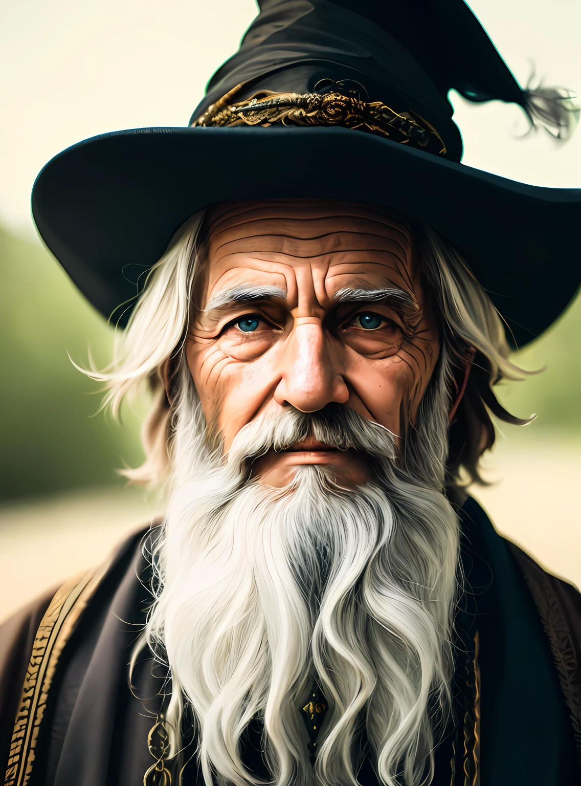 A portrait of a wizard, bearded, wrinkled, weathered, with piercing eyes, detailed face, high details, photography, natural light, Nikon D850, 50mm, f/1.4