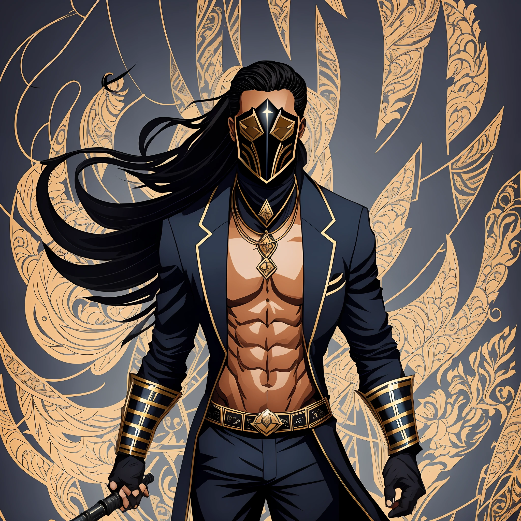 Brown skinned man black hair with black mask a black shirt and a navy blue overcoat black pants and a harpoon spear in his hand