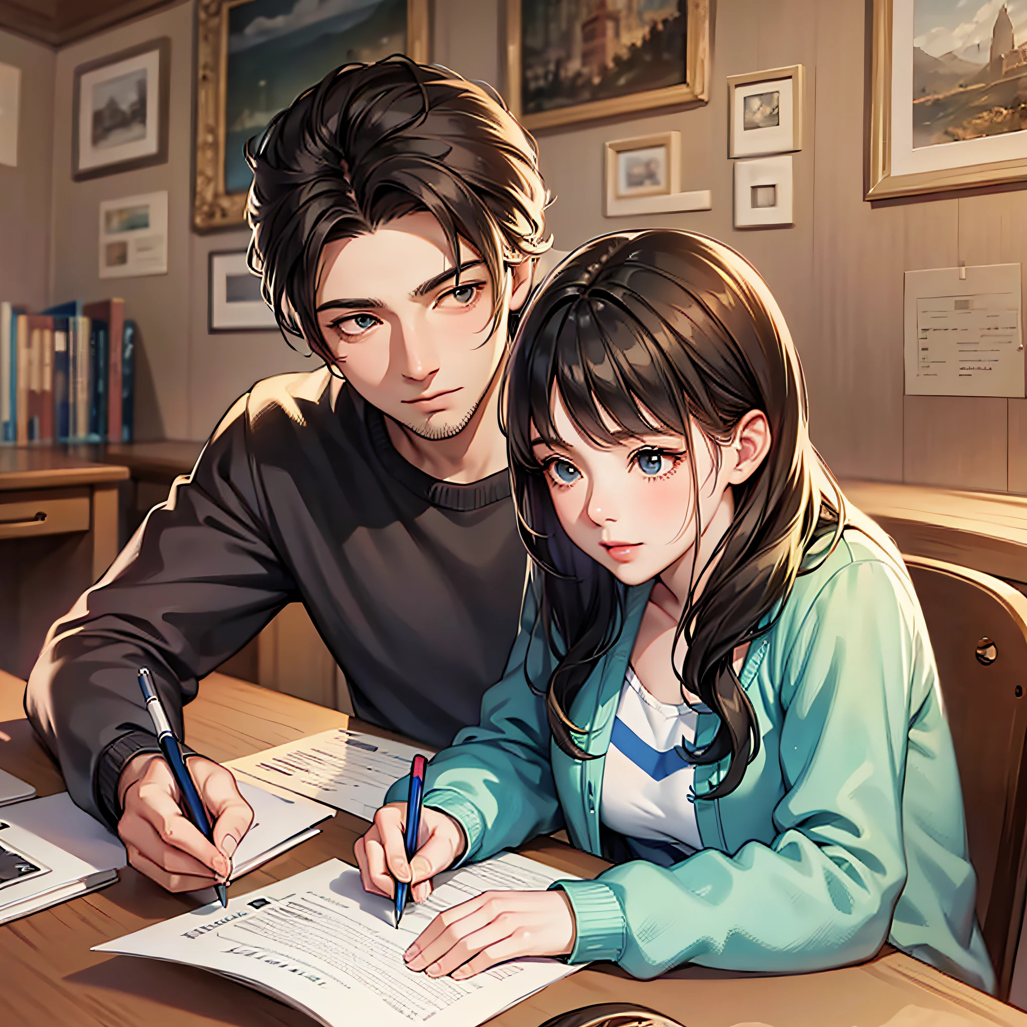 cartoon of a man and a girl sitting at a desk writing, realistic art style, 16:9 --auto --s2