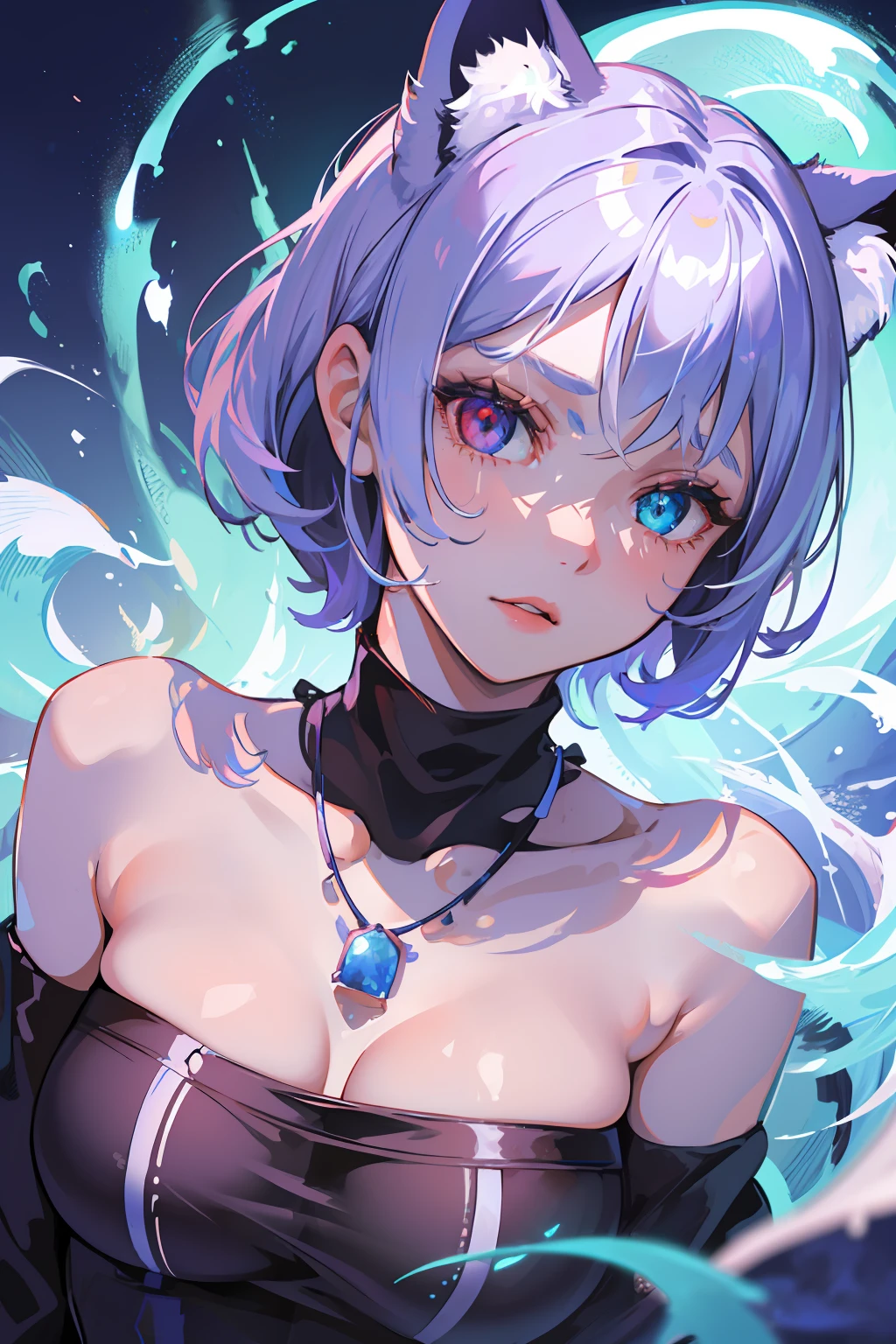 masterpiece, best quality, ultra-detailed, illustration,(1girl),beautiful detailed eyes, looking at viewer, close up, (breast focus), white short hair, shy, cat ears, ((glowing blue necklace)), moon in background, (blue and red eyes), thick lips, ((heterochromia)), small breasts, (turtleneck sweater)