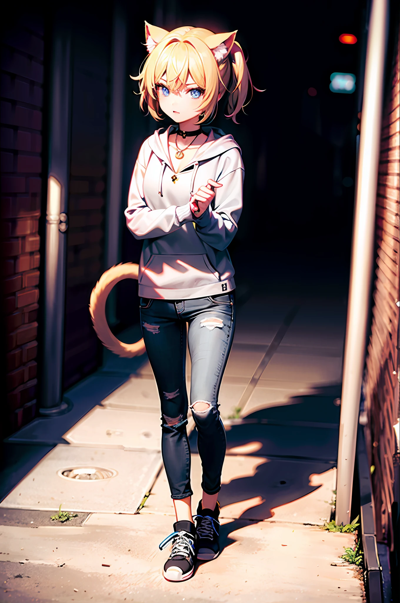 best quality, ultra high res, 1girl, cat girl, blonde hair, short hair, blue eyes, rattle necklace, gray hoodie, black jeans, cat tail, in a brow box, in an alley