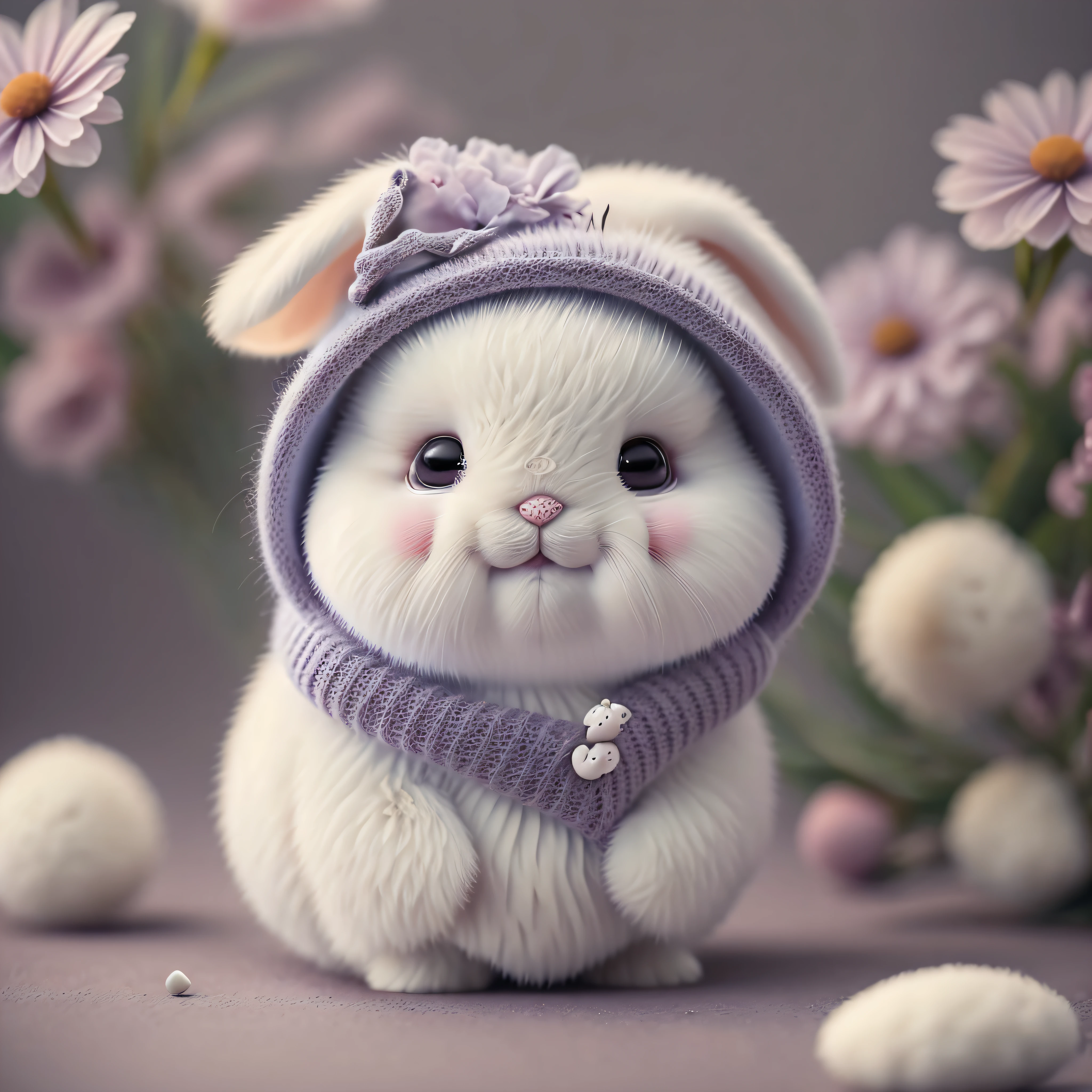 cute white fluffy  bunny, blur, flower, Easter eggs, no_humans, depth of field, to8contrast style, DARK_Glam, wearing DRK_Glam, deep shadows, (dark: 1.4) --auto --s2