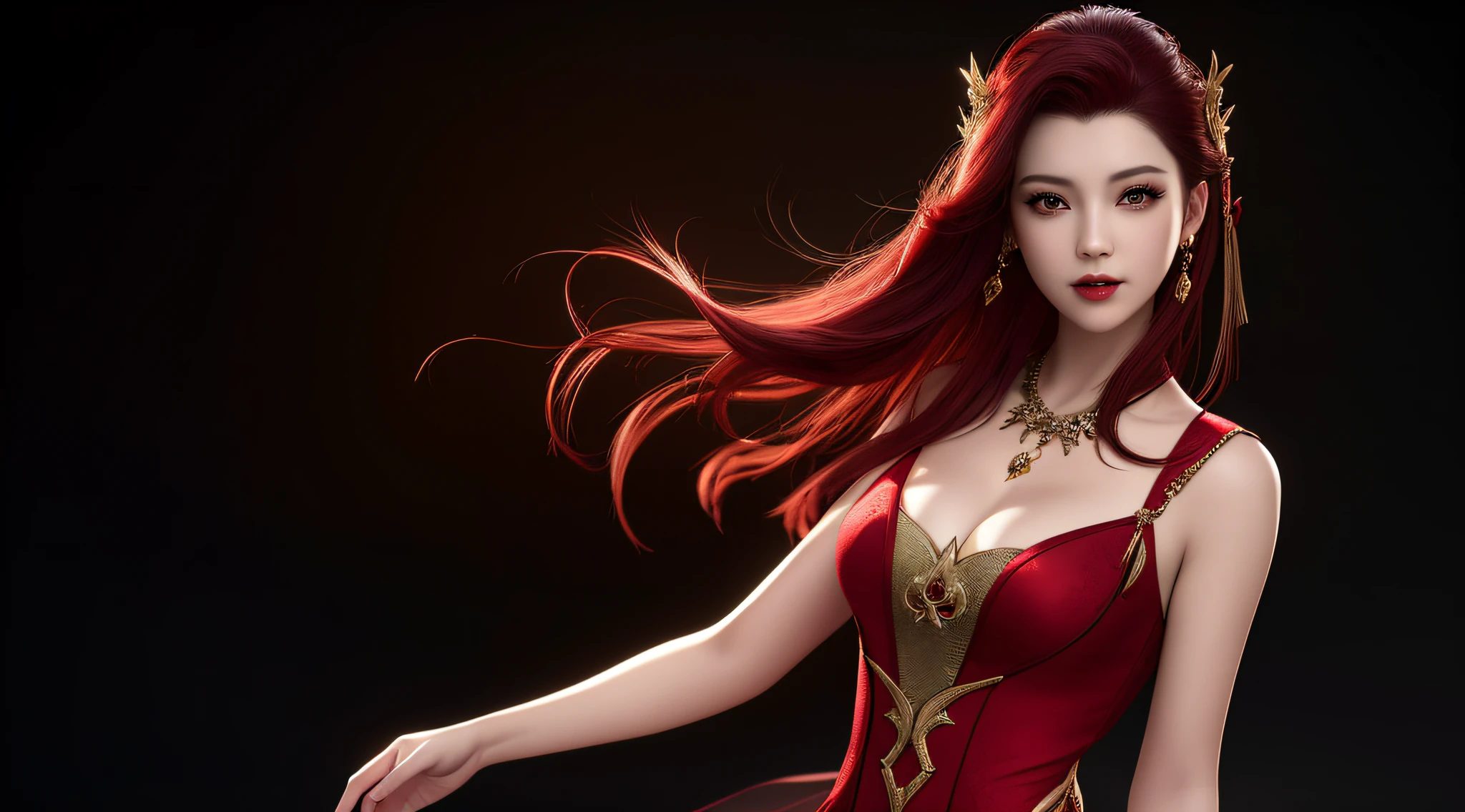 vampire, best quality, masterpiece, highres, 1girl,china dress,red hair, hair ornament,necklace, jewelry,Beautiful face,upon_body, tyndall effect,photorealistic, dark studio, rim lighting, two tone lighting,(high detailed skin:1.2), 8k uhd, dslr, soft lighting, high quality, volumetric lighting, candid, Photograph, high resolution, 4k, 8k, Bokeh，all body