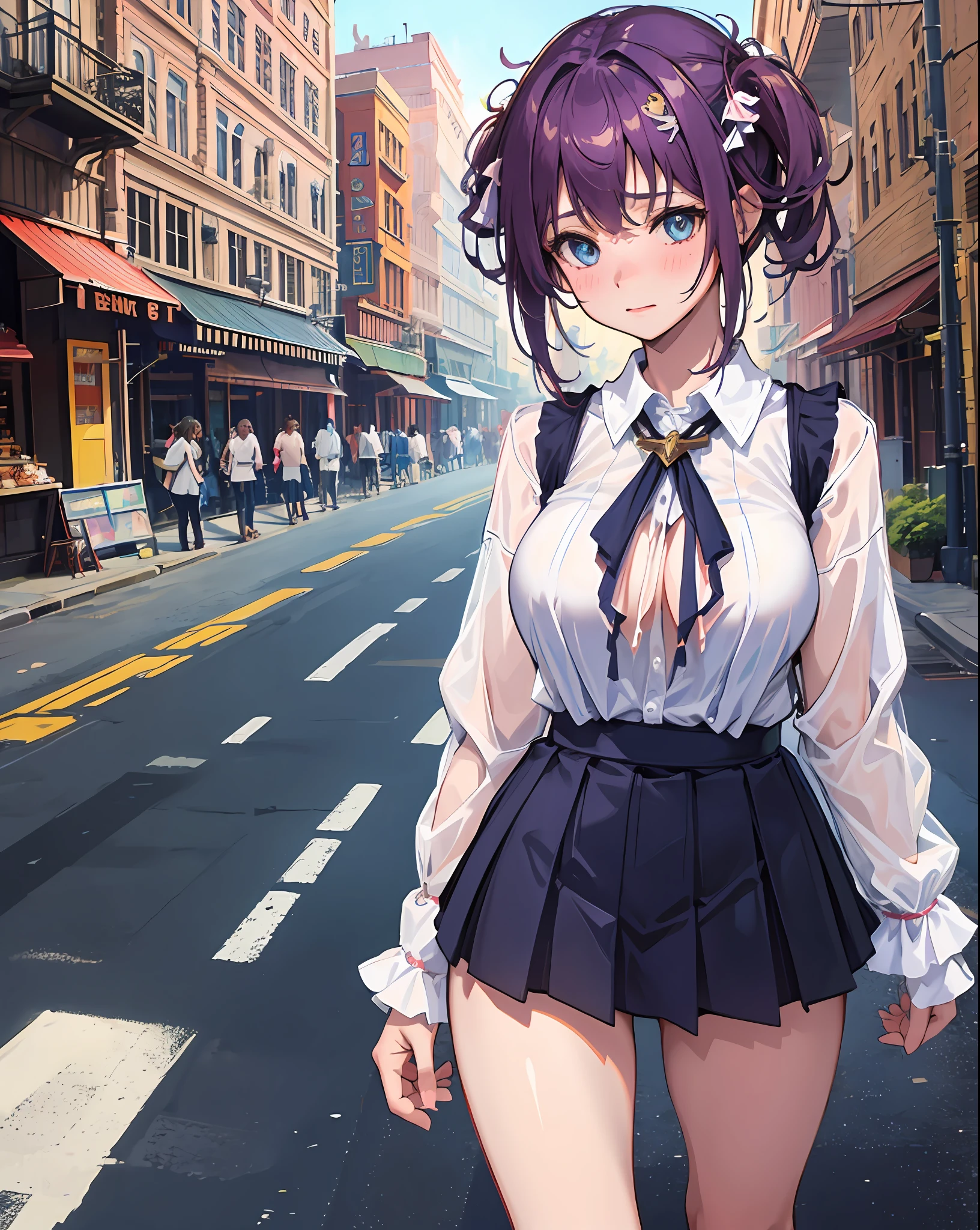 1girl,large breasts,
outdoors,cityscape, street,standing,cowboy shot,
((school uniform)), serafuku,
blush,