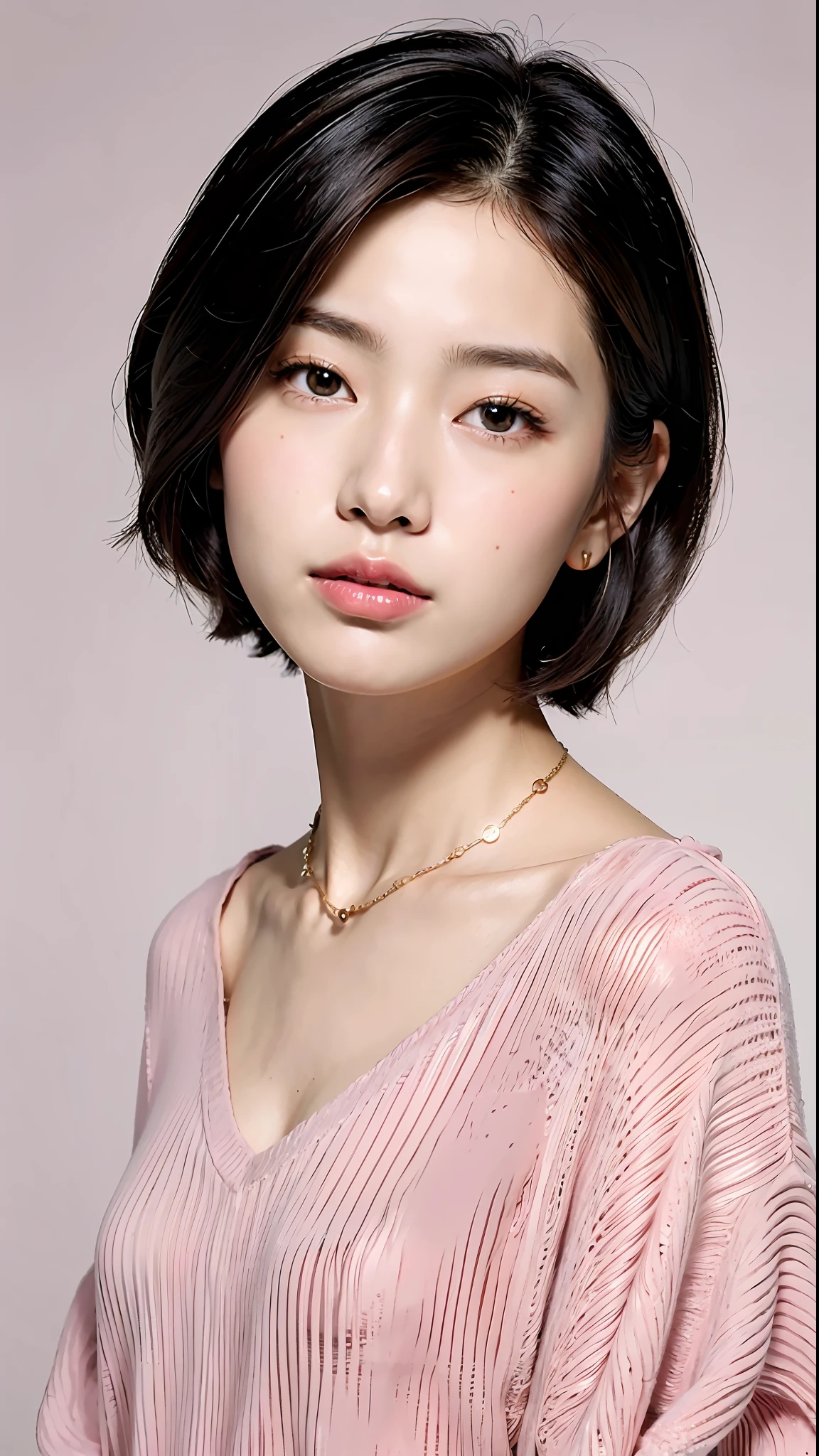 (Best Quality, 8k, 32k, Masterpiece, UHD: 1.2), Cute Japan Woman Pictures, Big, Very Short Bob Hair, Upper Body, Face Focus, oversized_sweater, Necklace, Simple Background, From Above, Looking Viewer, Pink Thin Lips, Small Nose