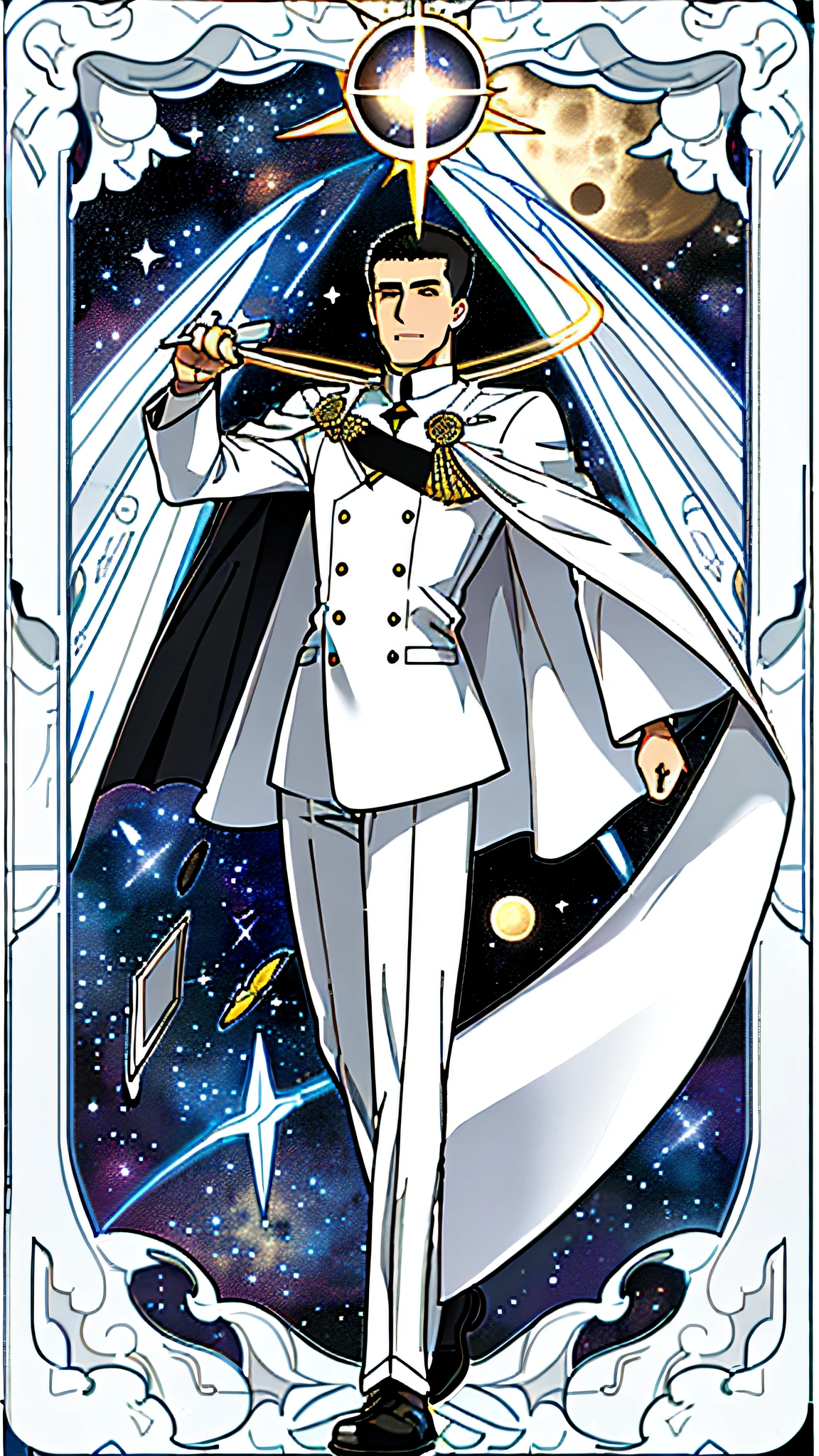 masterpiece, best quality, full body, card, 1 man, eclipse, space, galaxy, short hair, black hair,  brush cut, white shirt, standing, white and white, sun, moon, black, white,  buzz cut, bara, muscle, god, divine, cape, halo, center, best pose, etherious
