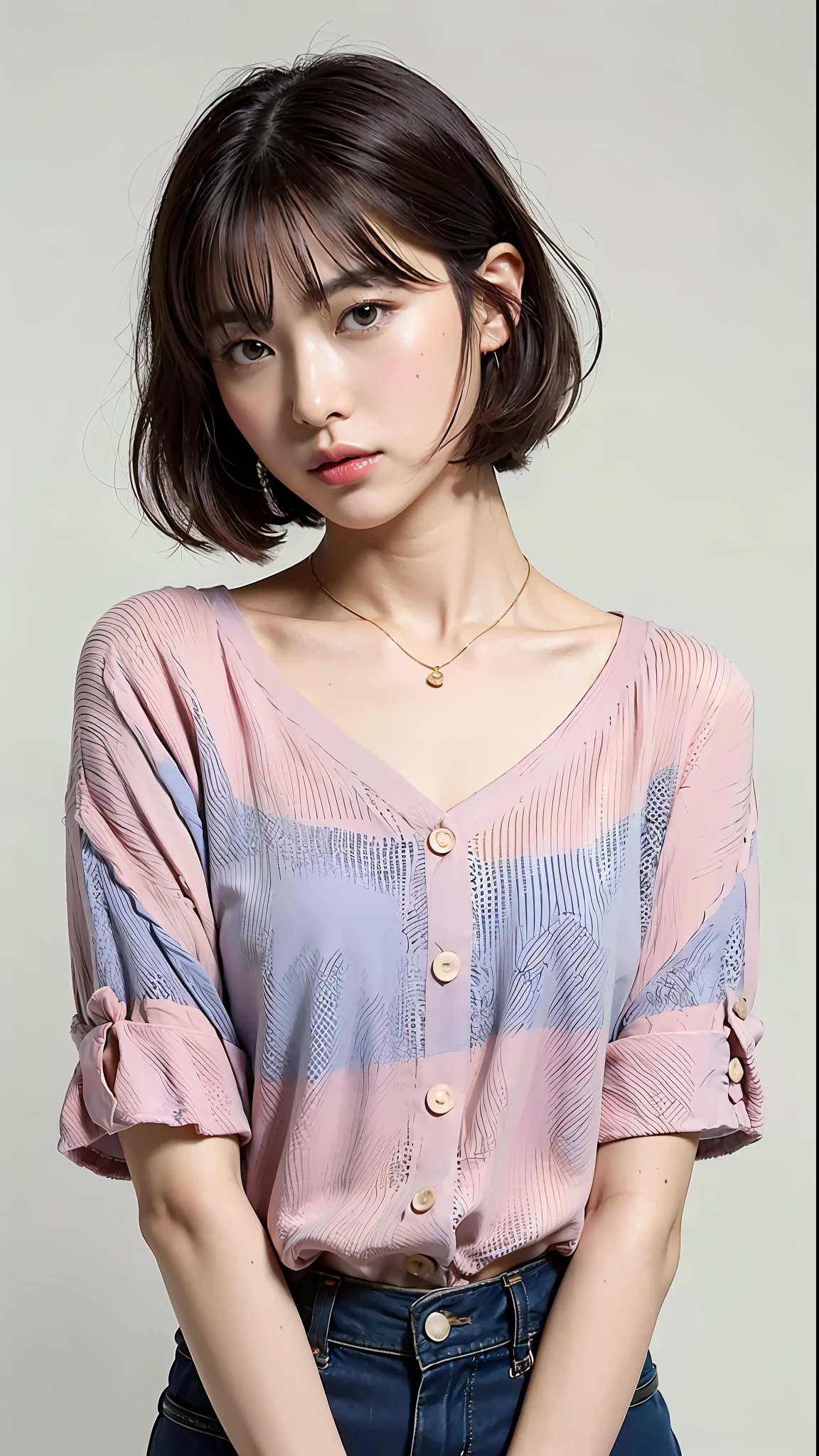 (Best Quality, 8k, 32k, Masterpiece, UHD: 1.2), Cute Japan Woman Pictures, A-Cups, Very Short Bob Hair, Upper Body, Face Focus, Tight Shirt, Buttons Open, Necklace, Simple Background, From Above, Watching the Viewer, Pink Thin Lips, Small Nose