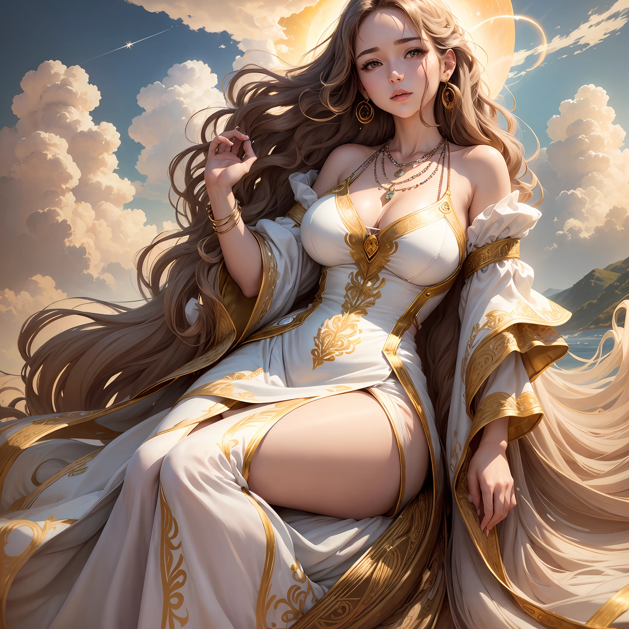 (Woman) young, (full body) wide hips and large breasts, (short dress) white coloration and gold embroidery on the edges, (wavy and long brown hair), (earrings), (necklaces), (landscape) clouds, clear sky with a beautiful sun, (body position) sitting on top of the clouds with her beautiful hands leaning against the clouds, (beautiful face). --auto --s2