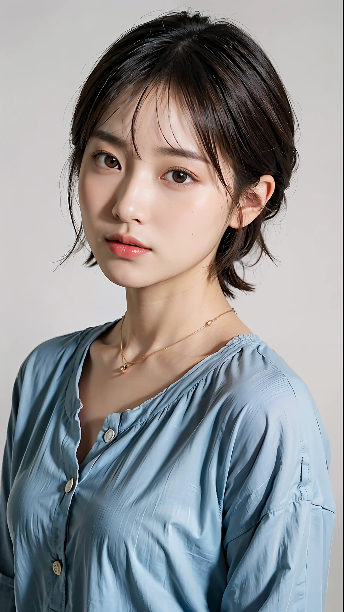 (Best Quality, 8k, 32k, Masterpiece, UHD: 1.2), Cute Japan Woman Pictures, A-Cups, Very Short Bob Hair, Upper Body, Face Focus, Tight Shirt, Buttons Open, Necklace, Simple Background, From Above, Watching the Viewer, Pink Thin Lips, Small Nose