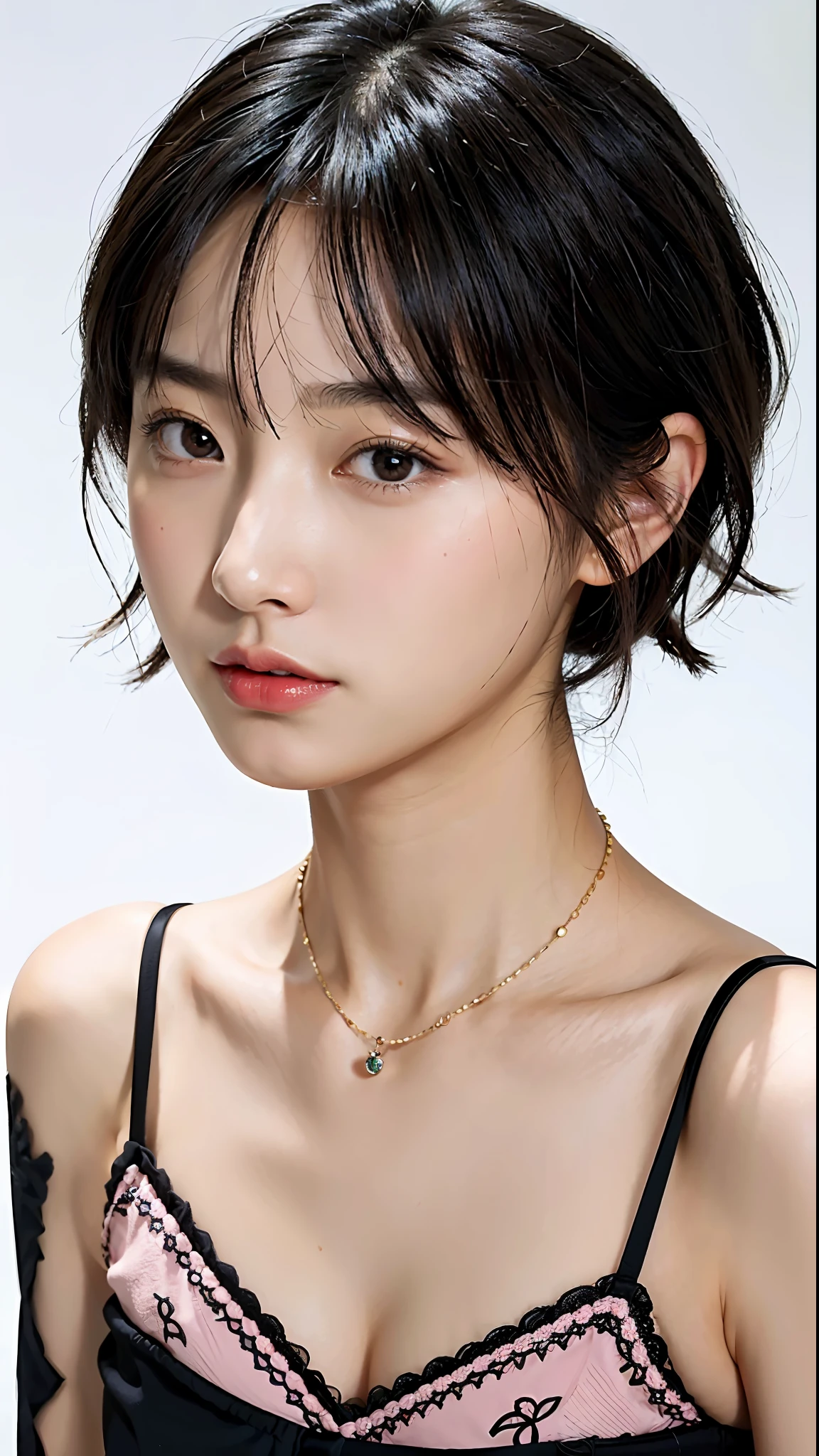 (Best Quality, 8k, 32k, Masterpiece, UHD: 1.2), Cute Japan Woman Pictures, A Cups, Very Short Bob Hair, Upper Body, Face Focus, Black Underwear, Necklace, Simple Background, From Above, Look at the Viewer, Pink Thin Lips, Small Nose