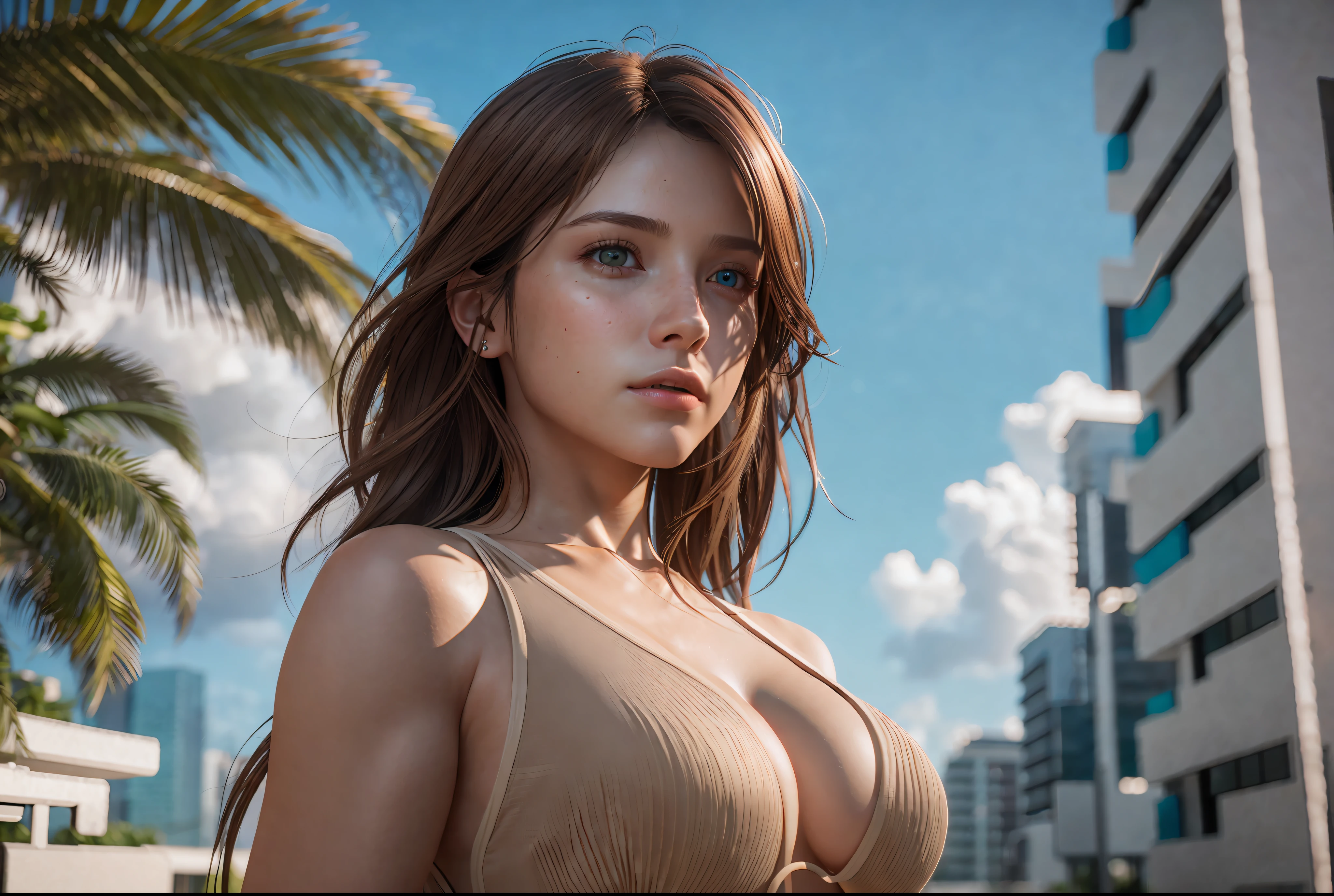 European woman in miami usa, light brown hair. Ultra detailed, 8K, HDR, Octane Render, Unreal Engine 5. Professionally rated color, atmosphere, incredible depth, rich colors, powerful images, psychedelic tones, 4K, 8K, masterpiece,...,