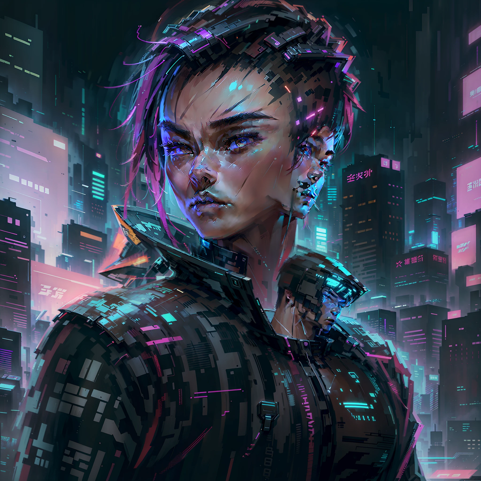 Create an Asian man cyberpunk style, futuristic background, short hair, futuristic cyber suit, (best quality), ((1:1 resolution), (face centered in the center of the image), avatar photo only, (head + shoulders), 8k resolution, highly realistic.