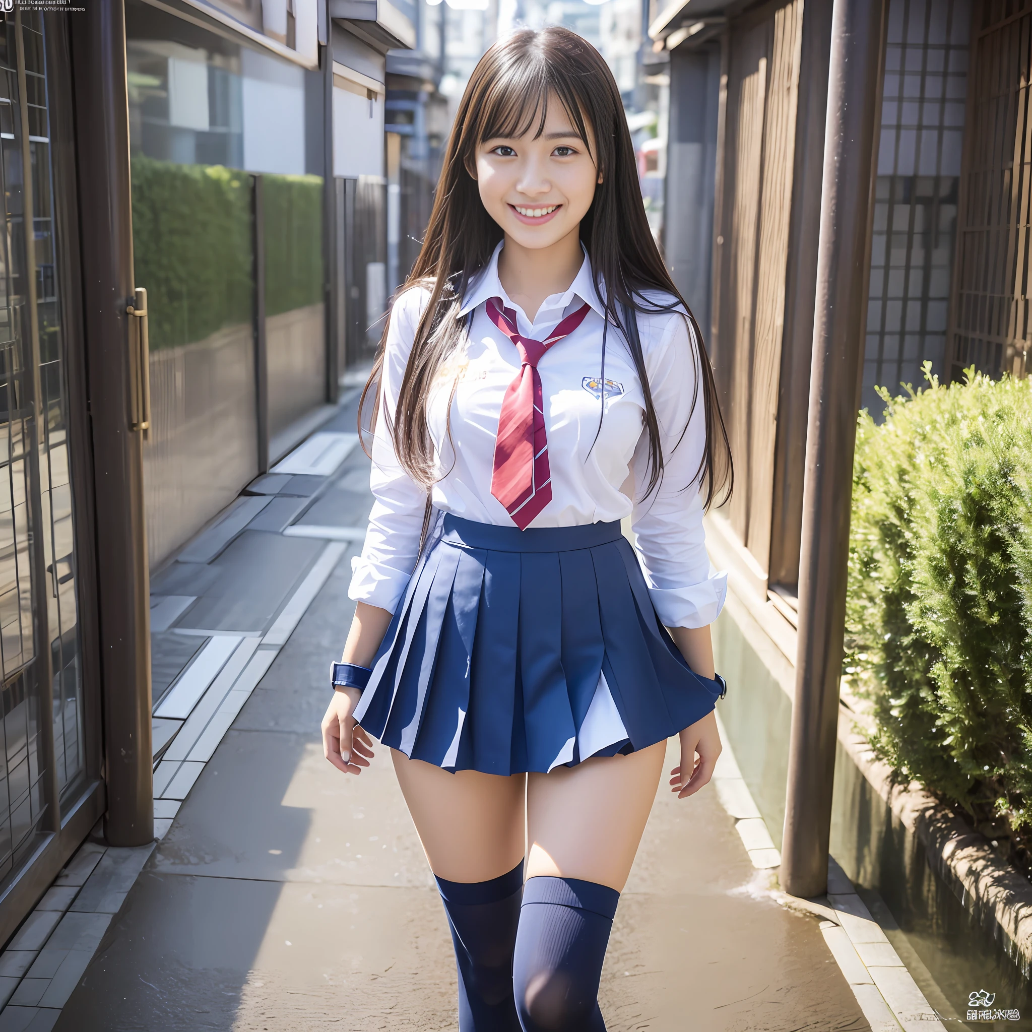 (8K), (Best Definition: 1.2), (Realistic), (Photorealistic: 1.37), Ultra High Definition, 1 Girl, Cute, Smile, Closed Mouth, Beautiful Details, Beautiful Nose, Full Body, Wet Hair, Colossal Dalsefo, Japan High School Girl Uniform, Thighs