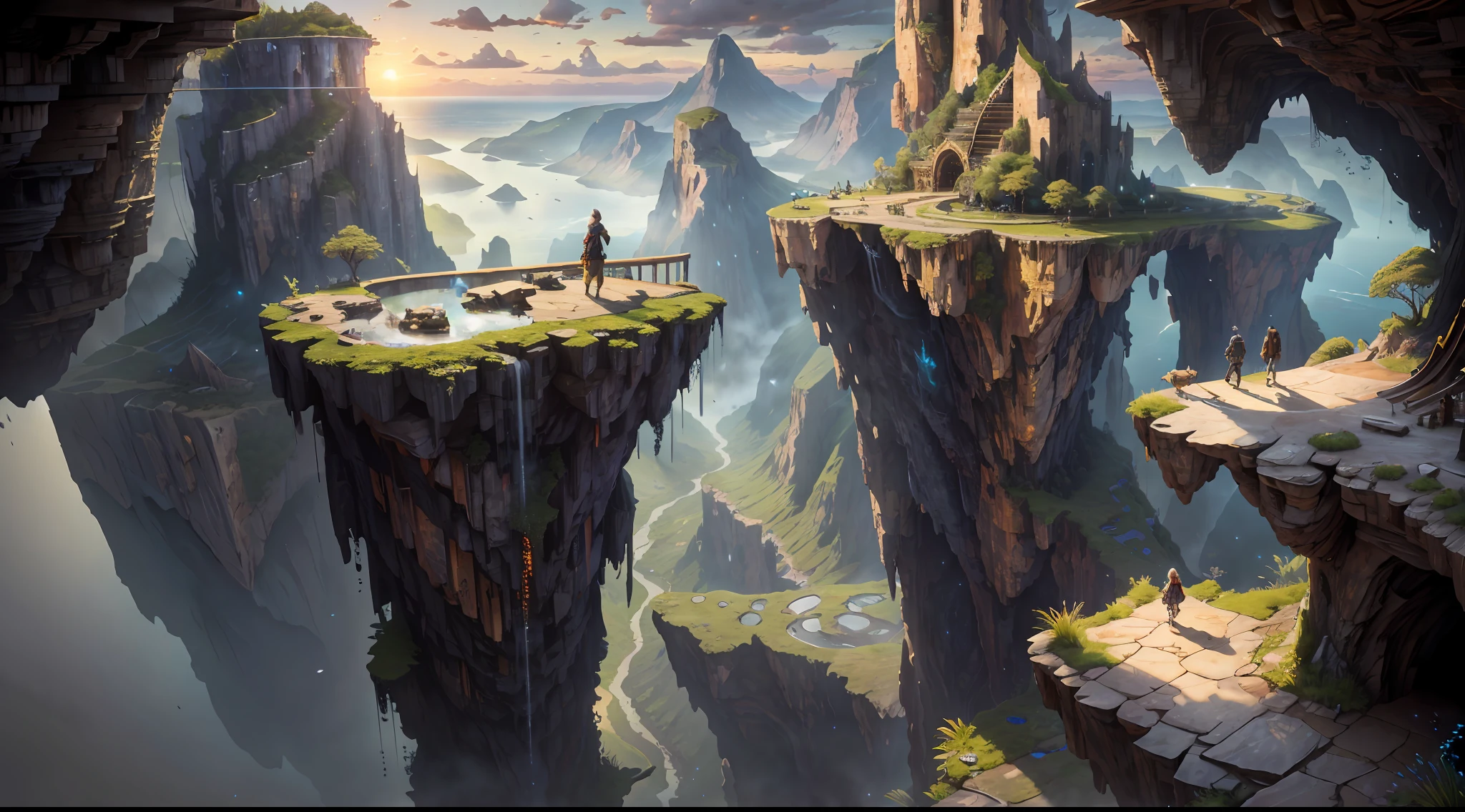 Movie, Relaxation Concept Art, Very Detailed Multiplayer Scene Interactivity, (Man), Woman, Beautiful Artwork Illustration, Detailed Landscape, Highly Detailed Scene, Environmental Design Illustration, Nature, Center Epic Building, Warmth, Night Glow, Original, HDR, (Cliff, Waterfall, Abyss, Rock, Cliff Edge House:1.3), Movie, Slate Grey, Dramatic Light, Architecture, Man Woman, Post-Impressionism, Key Vision, Biophilic Tanzania Bridge, At Twilight, Hair Light, Hearthstone artwork, Unreal Engine