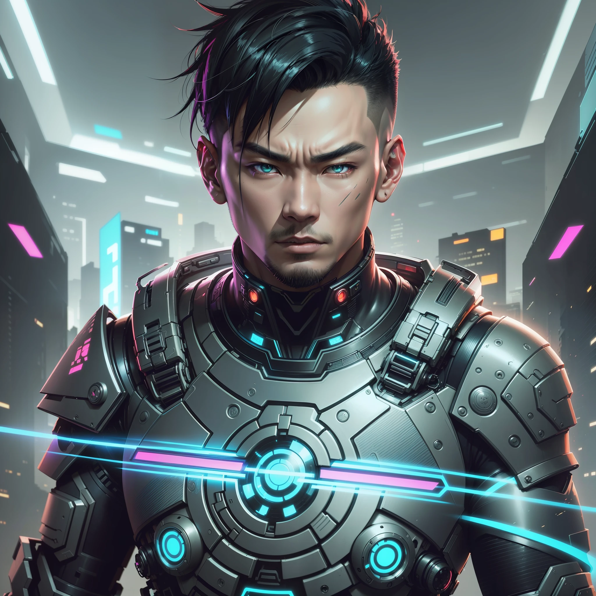 Create an Asian man cyberpunk style, futuristic background, short hair, futuristic cyber suit, (best quality), ((1:1 resolution), (face centered in the center of the image), avatar photo only, (head + shoulders), 8k resolution, highly realistic.