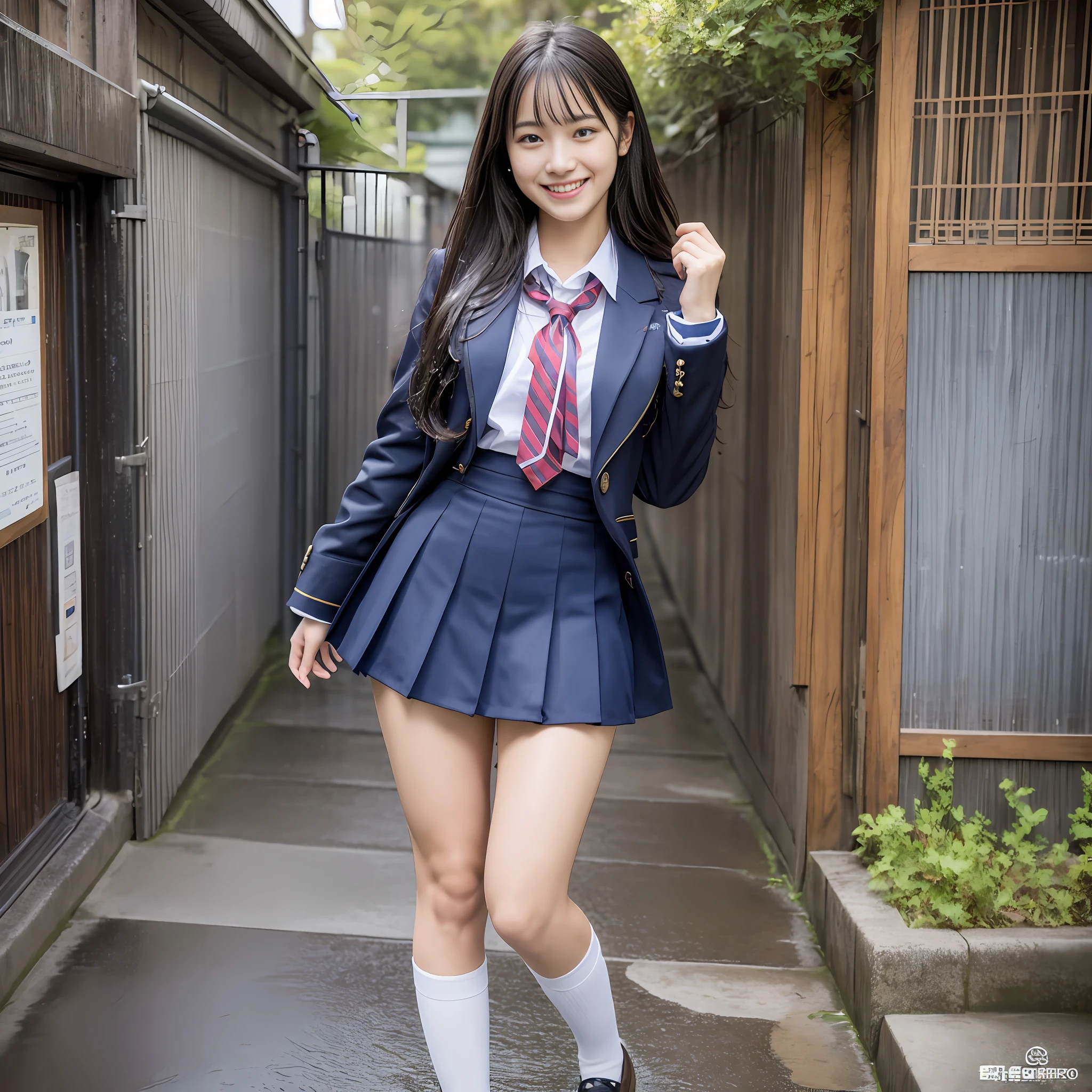 (8K), (Best Definition: 1.2), (Realistic), (Photorealistic: 1.37), Ultra High Definition, 1 Girl, Cute, Smile, Closed Mouth, Beautiful Details, Beautiful Nose, Full Body, Wet Hair, Colossal Dalsefo, Japan High School Girl Uniform, Thighs