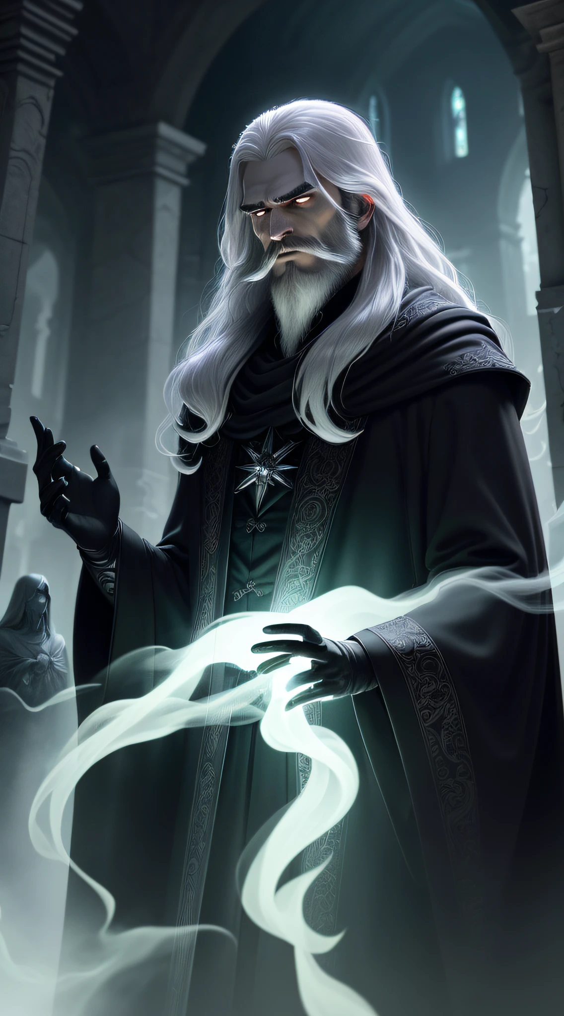 midshot of extremely detailed stuningly handsome and long silver haired very pale MALE necromancer in black robes with hands raised surrounded by monsters, smokey ghosts, MAN with thin beard, ultra detailed face, magic, glowy green smoke, soft colors, soft tetrad colors, well drawn hands, detailed five fingers hands, dark ambient, cartoonish vector, volumetric lights, very detailed cemetery, 8k CG Unity wallpaper, creepy, mysterious, in the style of HR Giger and Artgerm, best quality,