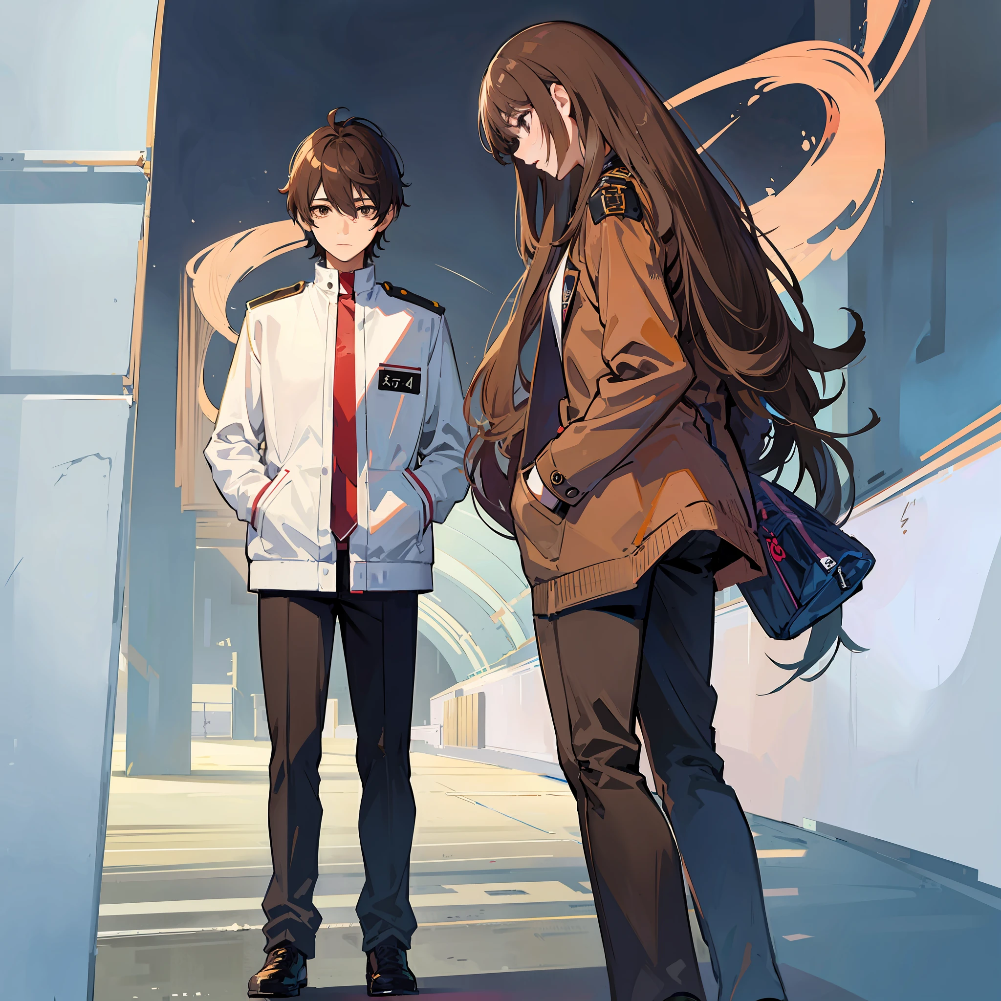 anime girl, with school uniform and jacket, c
with long brown hair next to depressed boy in uniform, with short brown hair and bangs, full body, digital anime art, background in a school