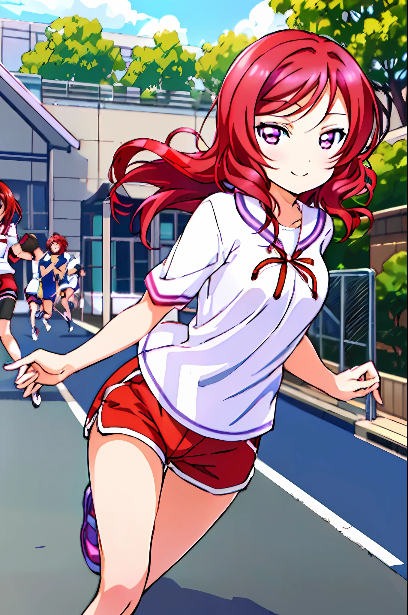 Nishikino maki, love live, (masterpiece:1.2), best quality, perfect anatomy, extremely detailed, cute girl, shiny skin, light smile, solo, lovely big eyes, cute eyes, (violet eyes:1.4), (red scarlet hair:1.4), sport shirt, sport shorts, school, running track, looking at viewer, character focus, evil smile, running pose,