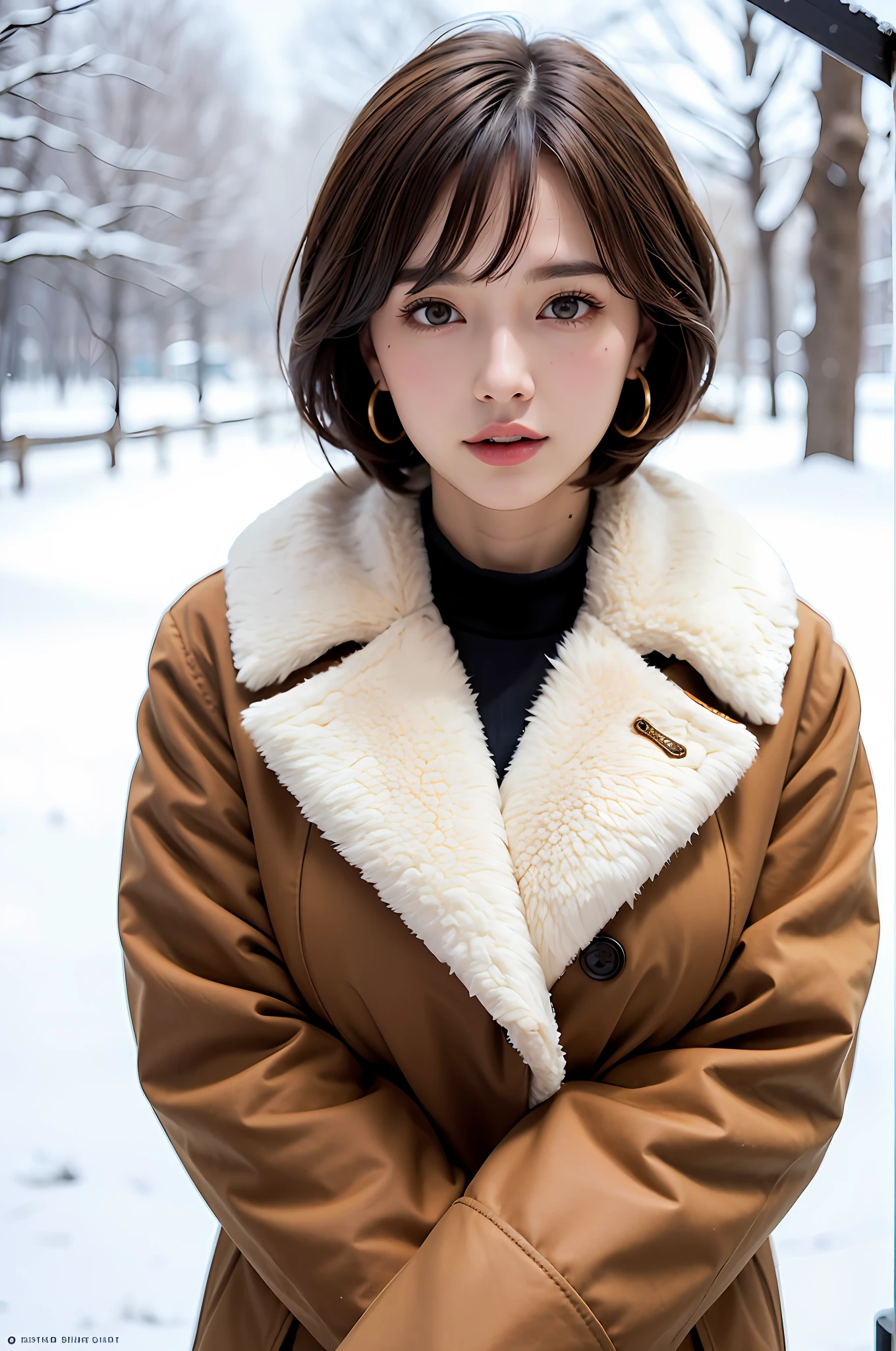 1 girl, bare_tree, brown_eyes, brown_hair, building, coat, cross_earrings, earrings, fur, fur trimmed_coat, fur_collar, fur_scarf, fur_trim, jewelry, lips, shorthair, looking_at_viewer, outdoors, snow, snow, solo, tree, upper_body, Winter, winter_clothes, detailed_eyes, Big breasts, arms close together, Chest facing camera, Big, Ears out, Golden ratio face, Golden ratio body, Top quality, Ultra high definition, Bangs, Thick bangs, Short hair, Short bob hair, Short hair, Short hair, Short beautiful hair, Ears out, Highlight in eyes