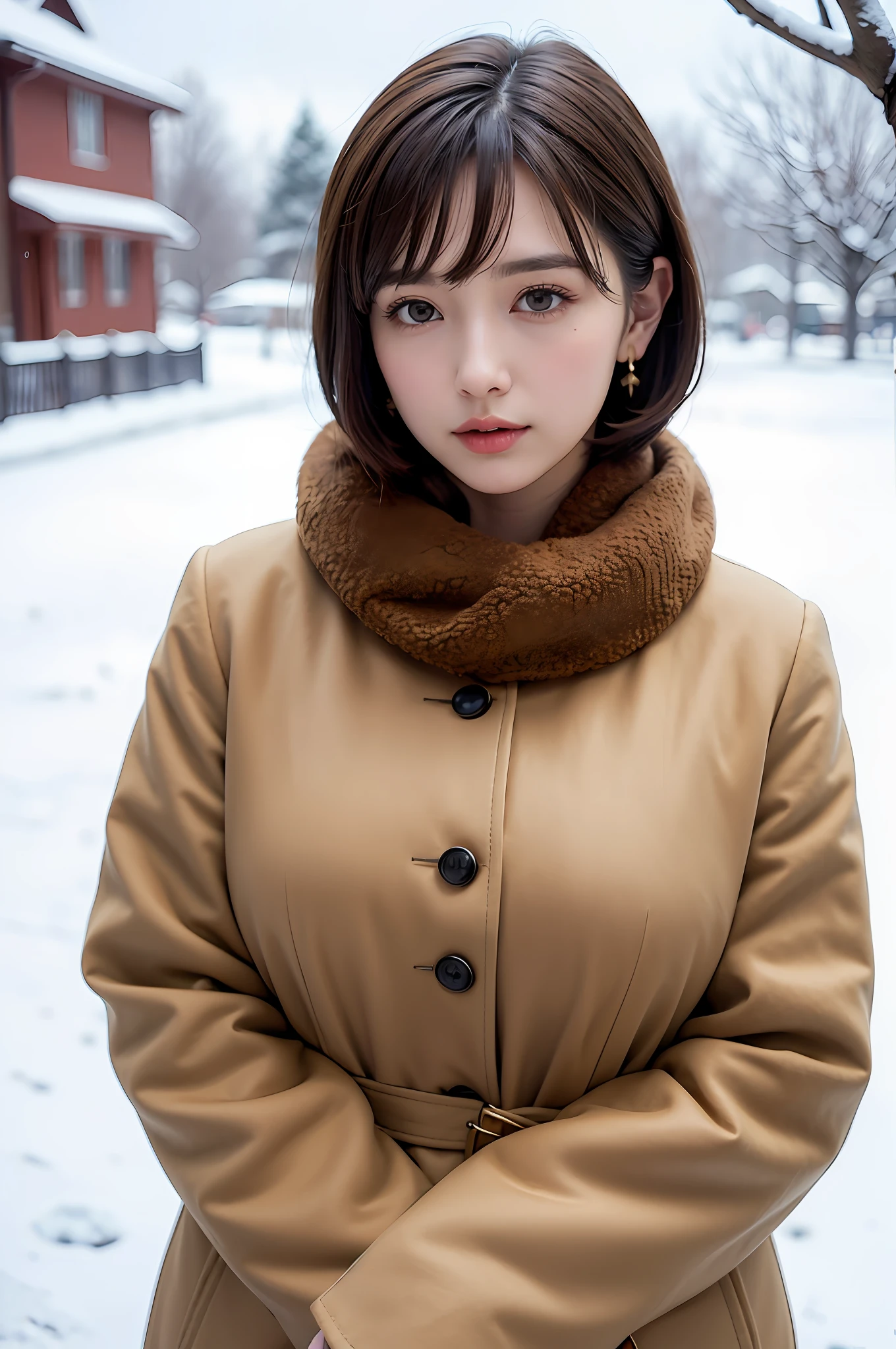 1 girl, bare_tree, brown_eyes, brown_hair, building, coat, cross_earrings, earrings, fur, fur trimmed_coat, fur_collar, fur_scarf, fur_trim, jewelry, lips, shorthair, looking_at_viewer, outdoors, snow, snow, solo, tree, upper_body, Winter, winter_clothes, detailed_eyes, Big breasts, arms close together, Chest facing camera, Big, Ears out, Golden ratio face, Golden ratio body, Top quality, Ultra high definition, Bangs, Thick bangs, Short hair, Short bob hair, Short hair, Short hair, Short beautiful hair, Ears out, Highlight in eyes