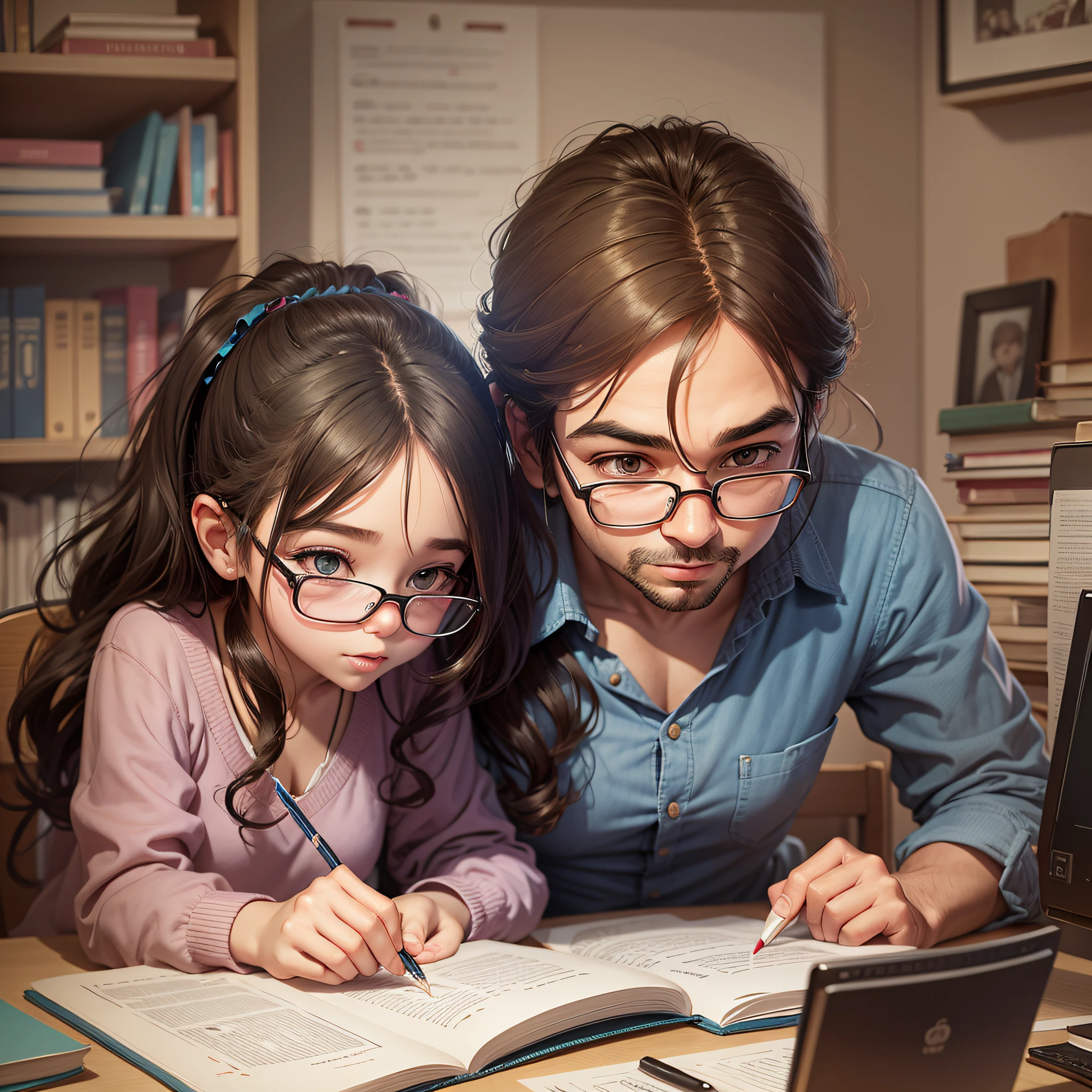 Caricature father and daughter studying together at a desk --auto --s2