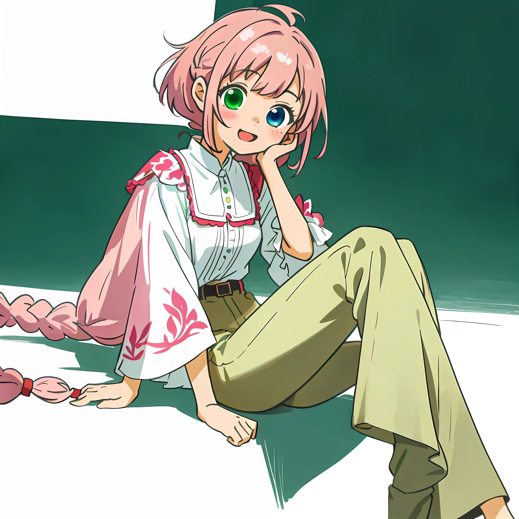 (Masterpiece: 1.2, highest quality), ultra high resolution, absurdity, high resolution, 1 girl, girl in the distance, sitting, (tilting face),
(Detailed Beauty Eyes: 1.1), (Heterochromia, Light Blue Eyes, Light Green Eyes), (Beautiful Face: 1.1), Smile, Open Mouth, (Kawaii 1.5)
(white blouse, green long pants), (pale pink hair: 1.3), (medium hair, multiple braids, low ponytail), dynamic angle,