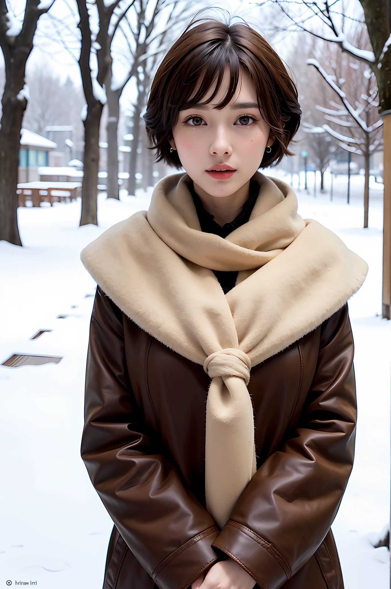 1 girl, bare_tree, brown_eyes, brown_hair, building, coat, cross_earrings, earrings, fur, fur trimmed_coat, fur_collar, fur_scarf, fur_trim, jewelry, lips, shorthair, looking_at_viewer, outdoors, snow, snow, solo, tree, upper_body, Winter, winter_clothes, detailed_eyes, Big breasts, arms close together, Chest facing camera, Big, Ears out, Golden ratio face, Golden ratio body, Best quality, Ultra high definition, Bangs, Thick bangs, Short hair, Short bob hair, Short hair, Short hair, Short beautiful hair, Highlight in eyes