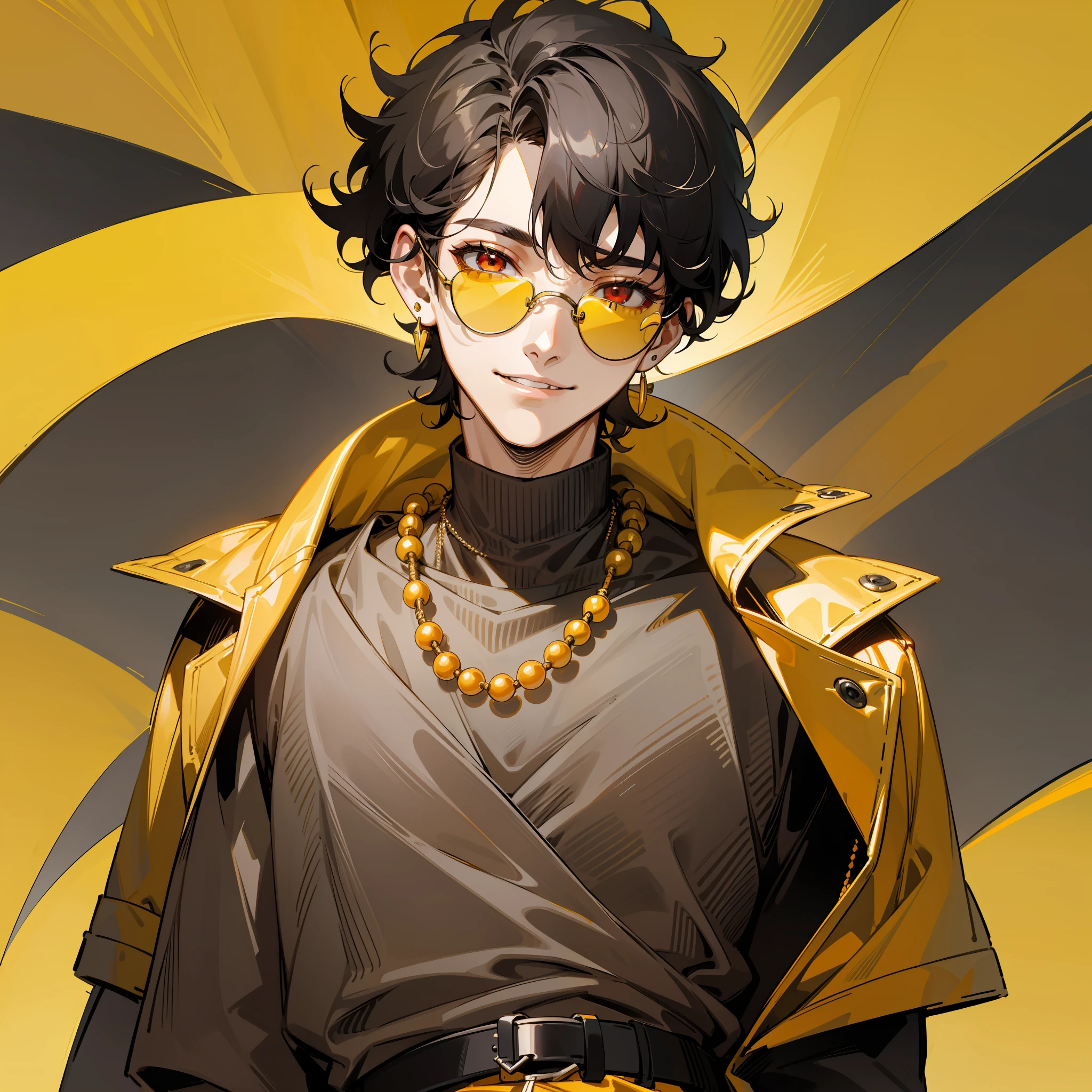 1 boy solo, close-up, determined eyes, black sweater, yellow pants with black belt, necklace, short black hair, gray strands, curls, smile, red eyes, yellow sunglasses, (light facial features, detailed skin texture, beautiful face), white background, earrings, yellow leather, standing, masterpiece, top quality, best quality