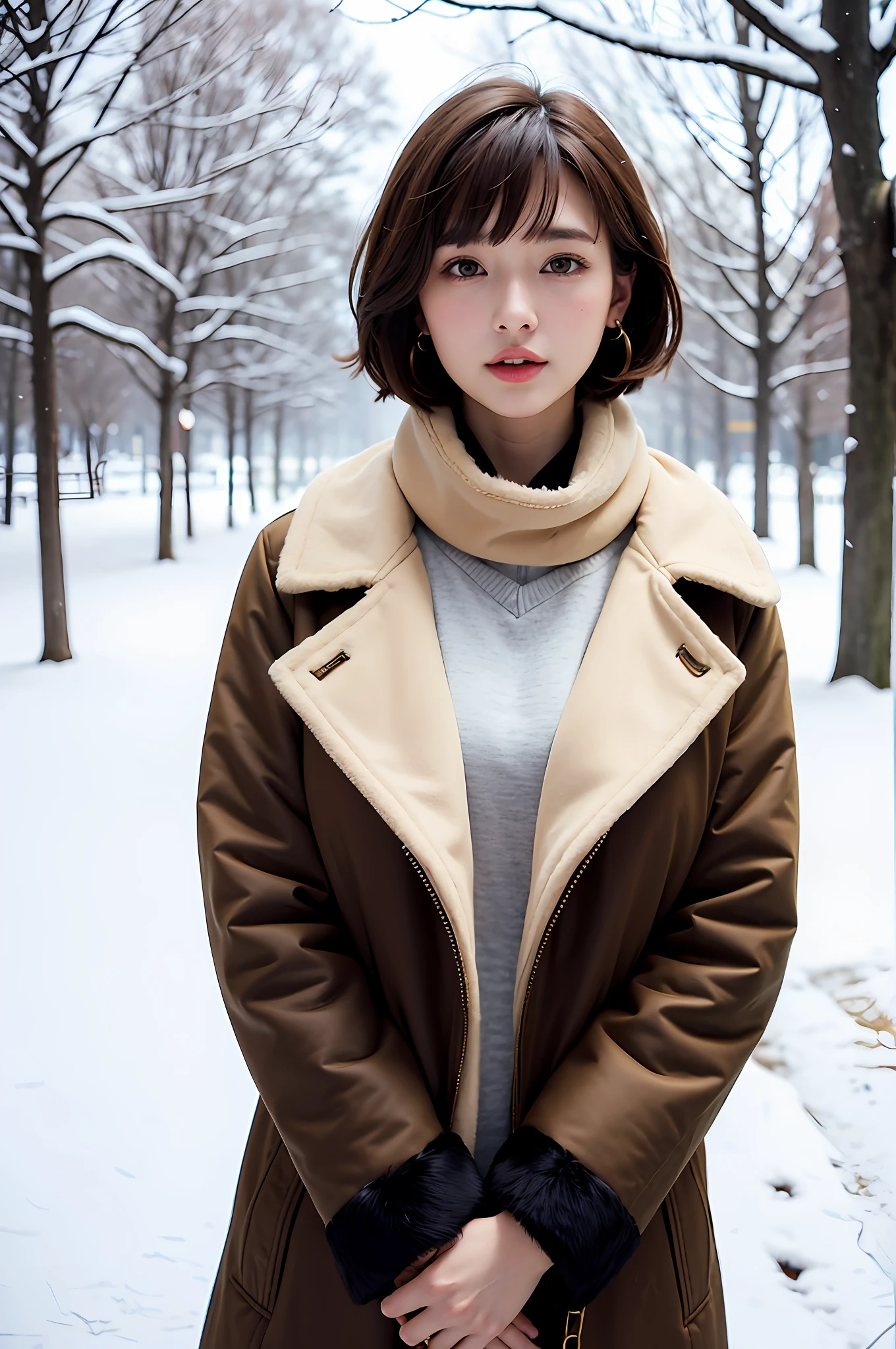 1 girl, bare_tree, brown_eyes, brown_hair, building, coat, cross_earrings, earrings, fur, fur trimmed_coat, fur_collar, fur_scarf, fur_trim, jewelry, lips, shorthair, looking_at_viewer, outdoors, snow, snow, solo, tree, upper_body, Winter, winter_clothes, detailed_eyes, Big breasts, arms close together, Chest facing camera, Big, Ears out, Golden ratio face, Golden ratio body, Best quality, Ultra high definition, Bangs, Thick bangs, Short hair, Short bob hair, Short hair, Short hair, Short beautiful hair, Highlight in eyes