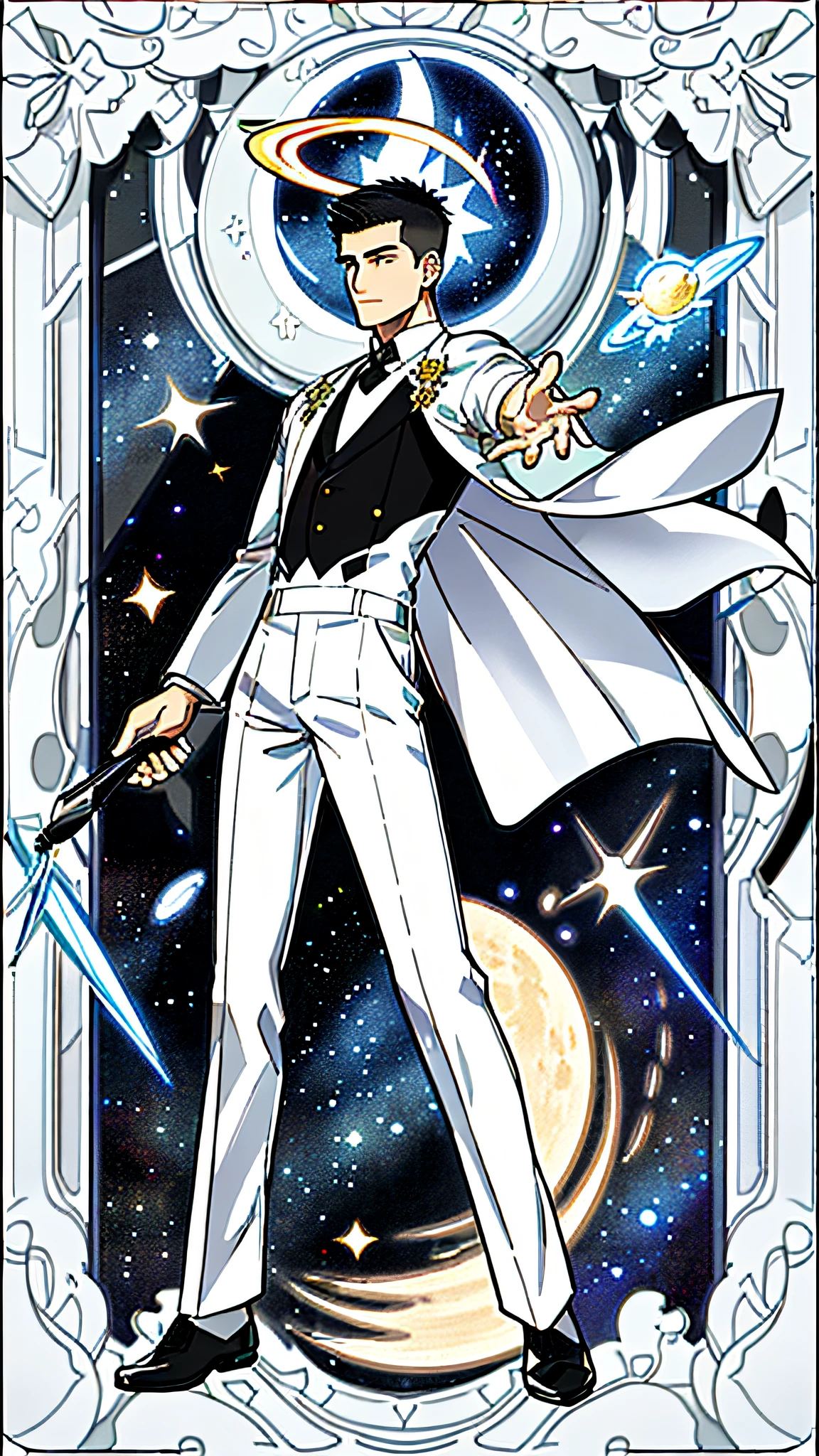 masterpiece, best quality, full body, card, 1 man, eclipse, space, galaxy, short hair, black hair, brush cut, white shirt, standing, white and white, sun, moon, black, white, buzz cut, bara, muscle, god, divine, cape, halo, center, best pose, etherious