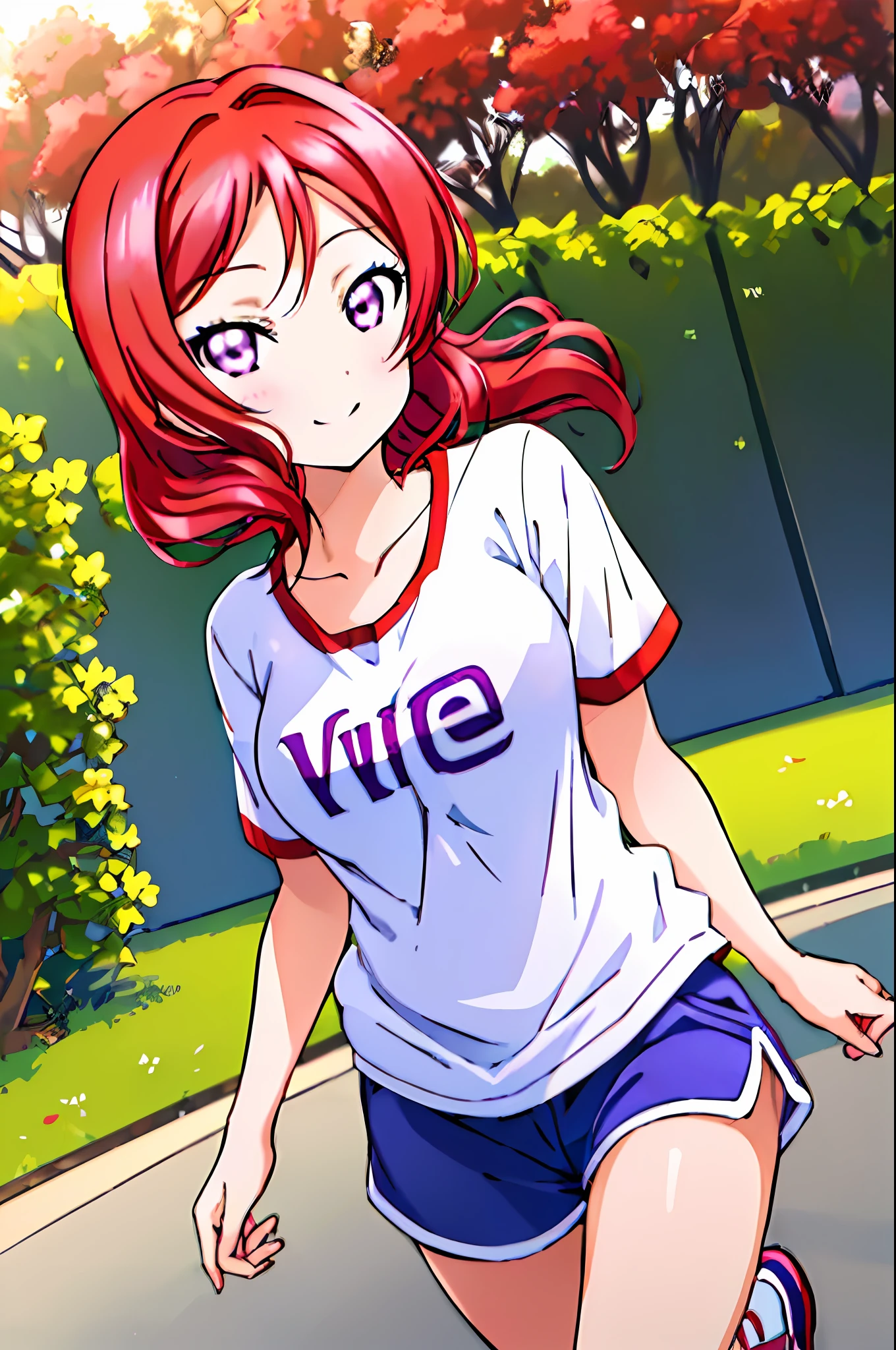 Nishikino maki, love live, (masterpiece:1.2), best quality, perfect anatomy, extremely detailed, cute girl, shiny skin, light smile, solo, lovely big eyes, cute eyes, (violet eyes:1.4), (red scarlet hair:1.4), sport top piece, sport shirt, sport shorts, school, running track, looking at viewer, character focus, evil smile, running pose, show stomach,