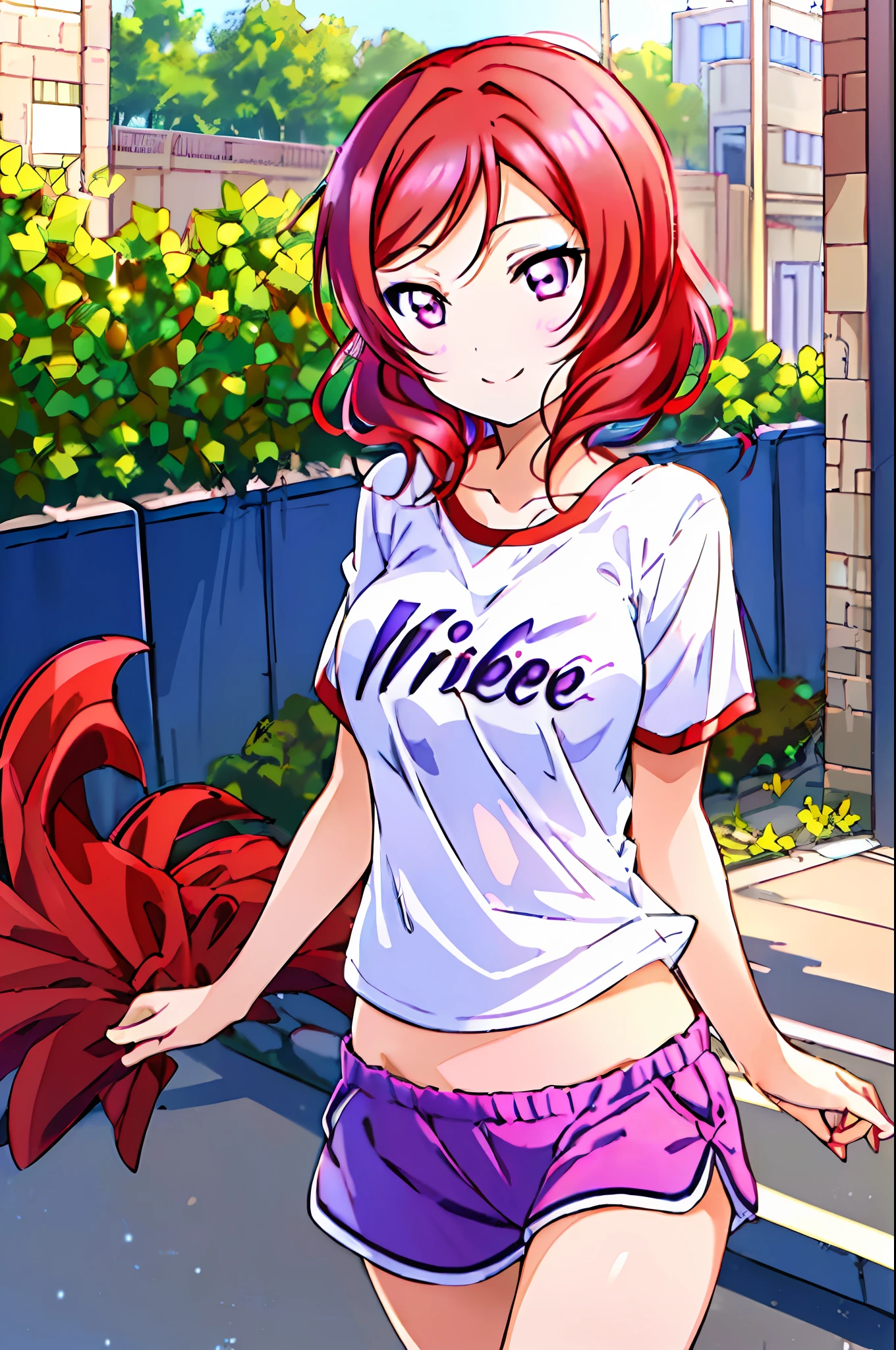 Nishikino maki, love live, (masterpiece:1.2), best quality, perfect anatomy, extremely detailed, cute girl, shiny skin, light smile, solo, lovely big eyes, cute eyes, (violet eyes:1.4), (red scarlet hair:1.4), sport top piece, sport shirt, sport shorts, school, running track, looking at viewer, character focus, evil smile, running pose, show stomach,