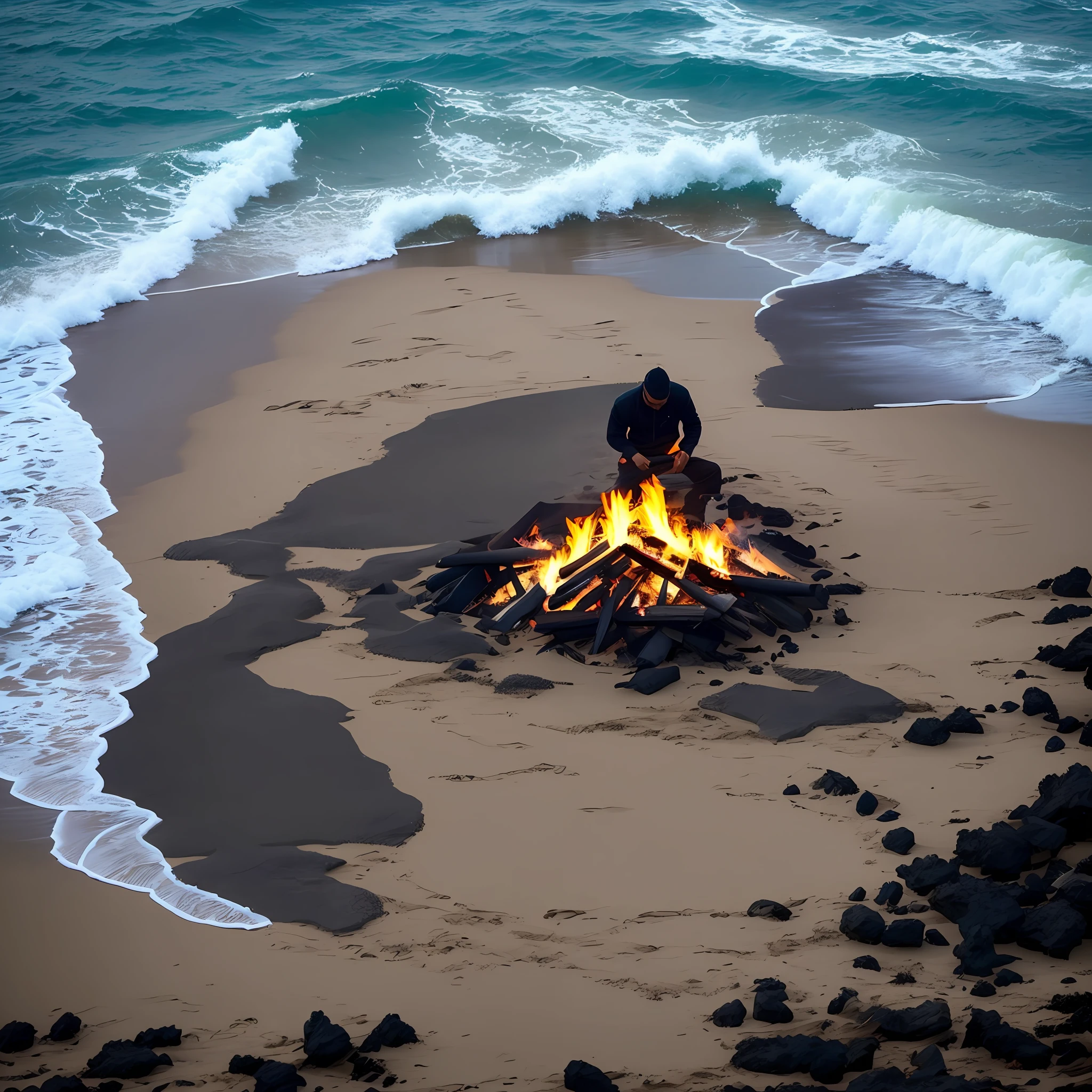 Man making fire on an island alone, island and ocean, dark, man surviving, dark, mysterious --auto --s2