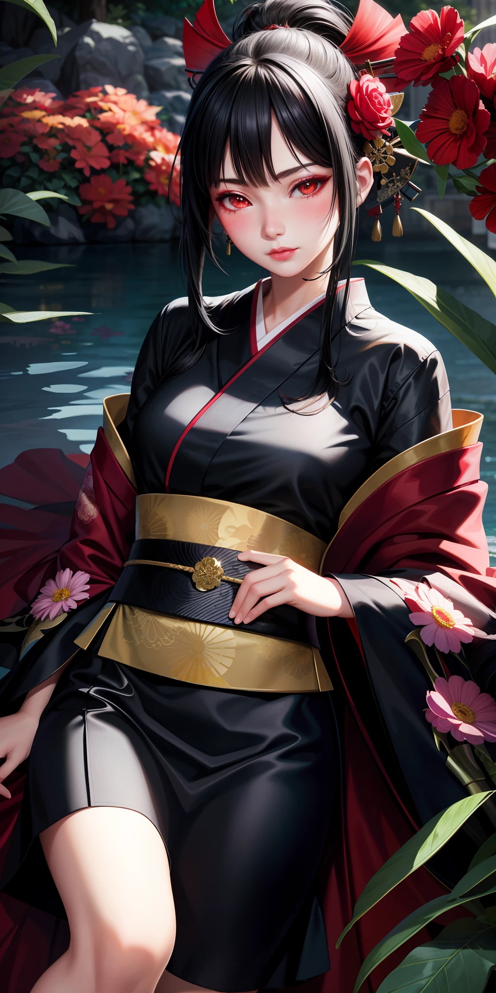realistic, 1girl, black hair, red eyes, bright eyes, kimono, skirt, lips half-open, blush, night, flowers, sun, sunlight, swordswoman, asian girl
